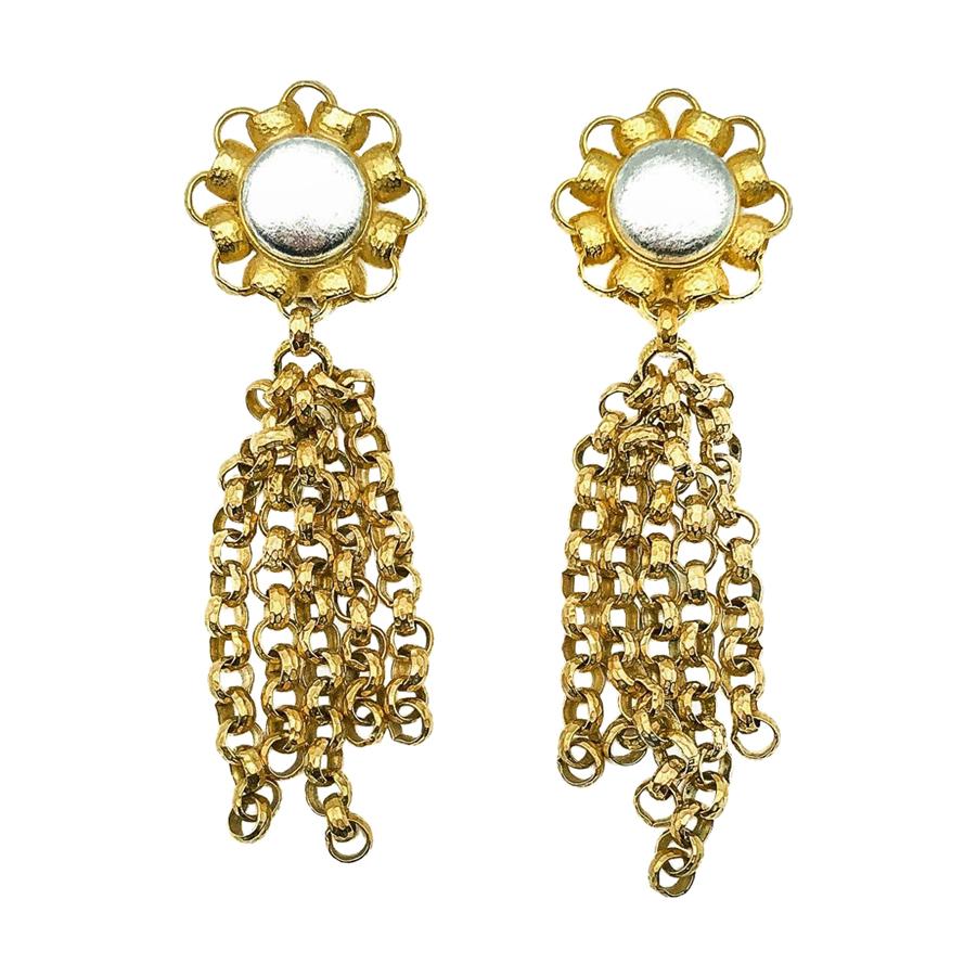 Vintage Ellen Designs Statement Gold Chain Tassle Earrings 1980s