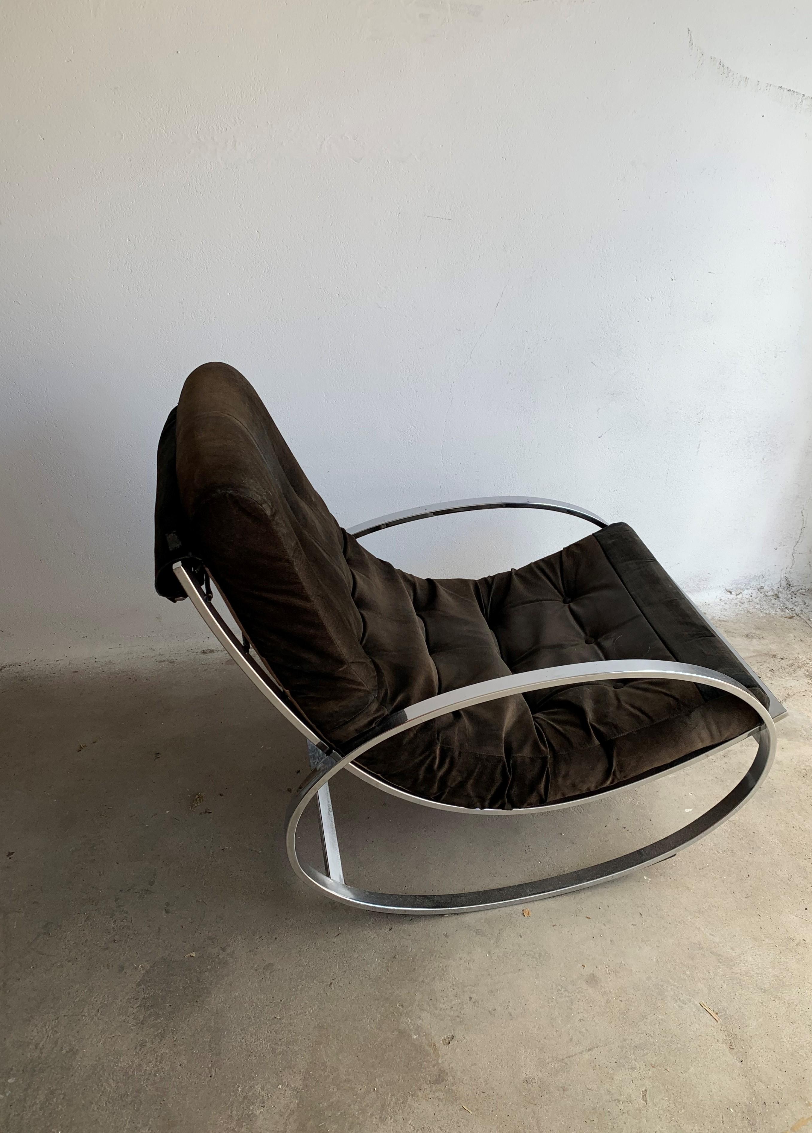 Mid-Century Modern 20th Century Brown Chrome-Plated Rocking Chair by Renato Zevi for Selig, 1970