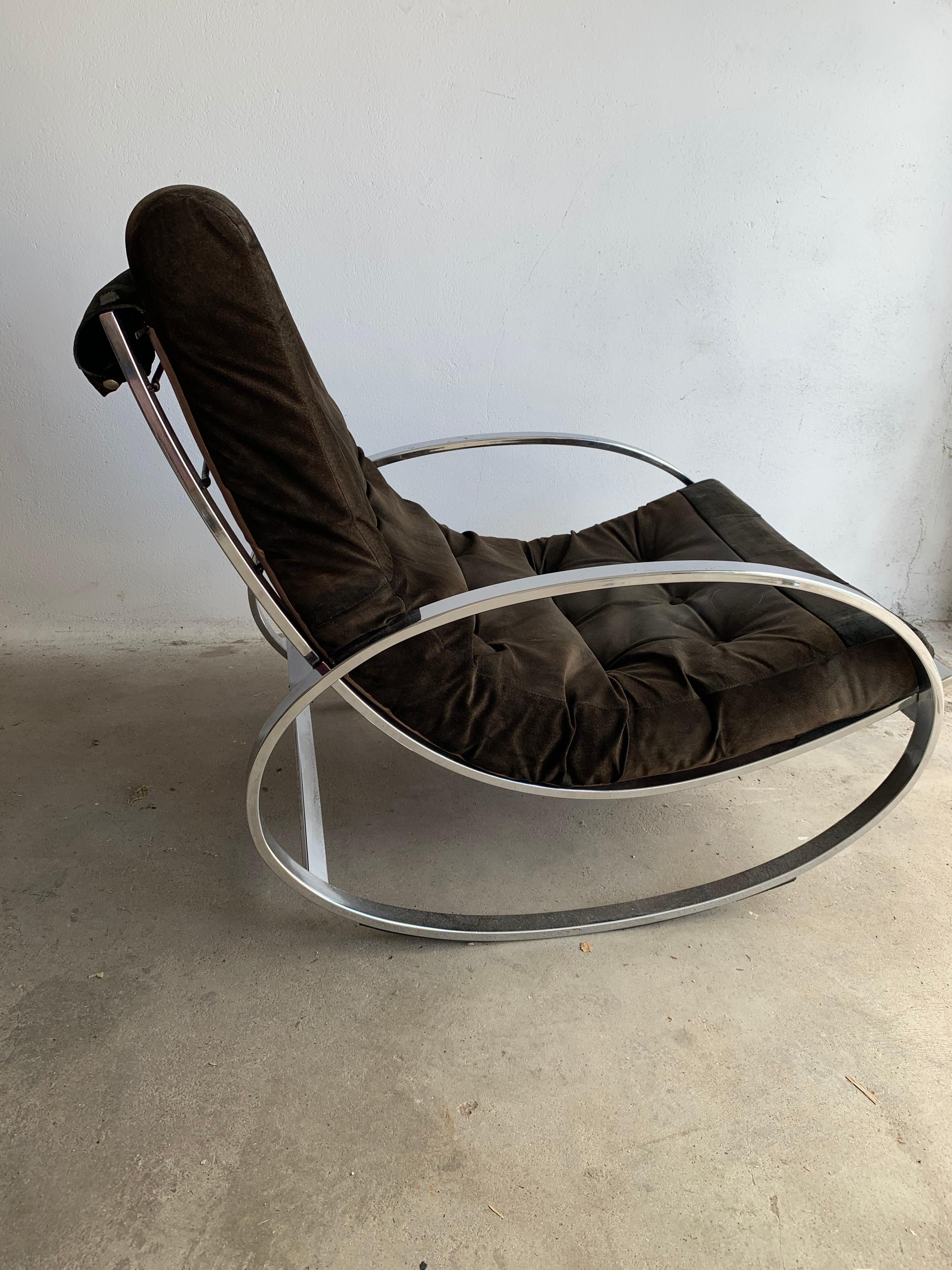 Italian 20th Century Brown Chrome-Plated Rocking Chair by Renato Zevi for Selig, 1970