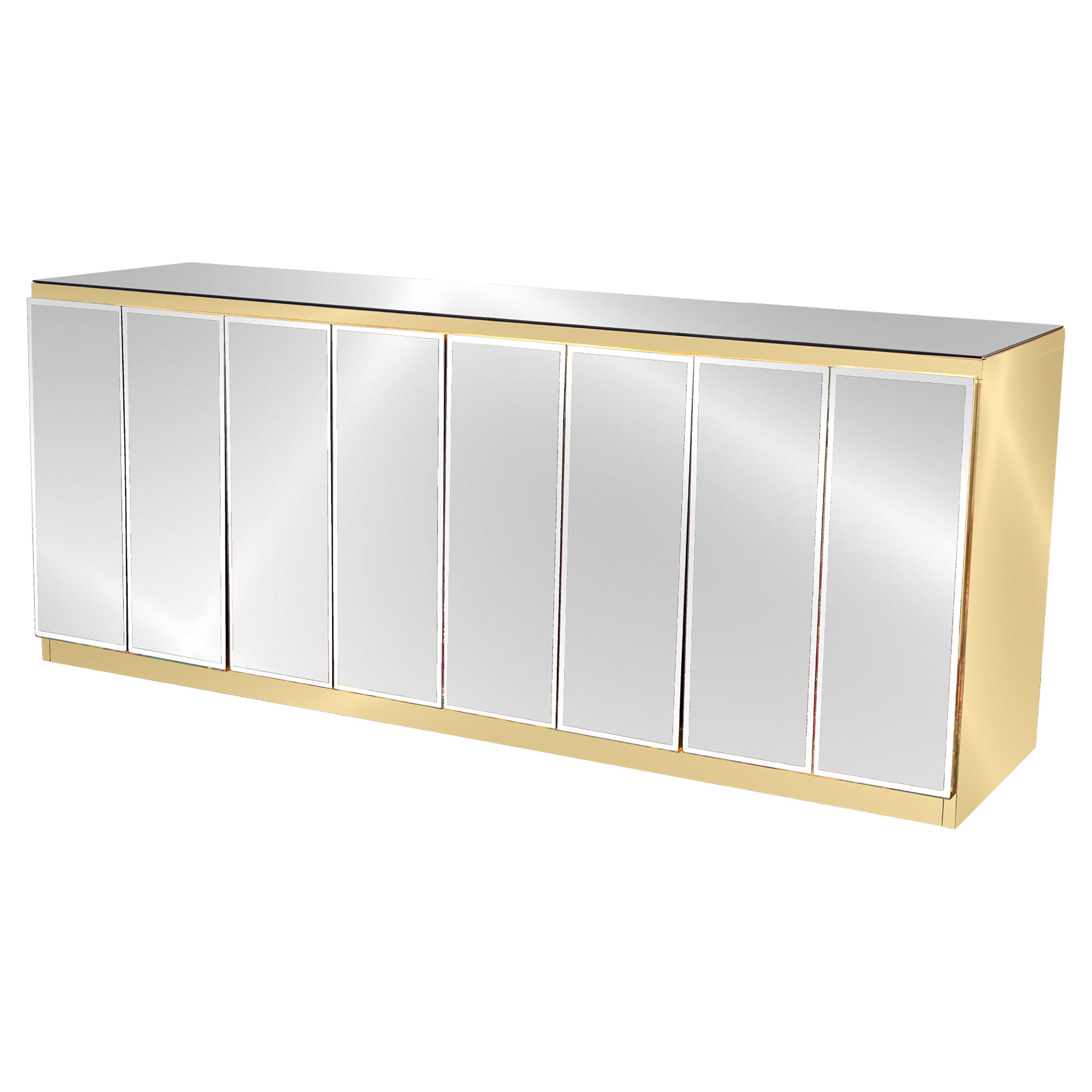 Credenza Vintage Ello in ottone e specchio smussato a 4 ante Hollywood Regency