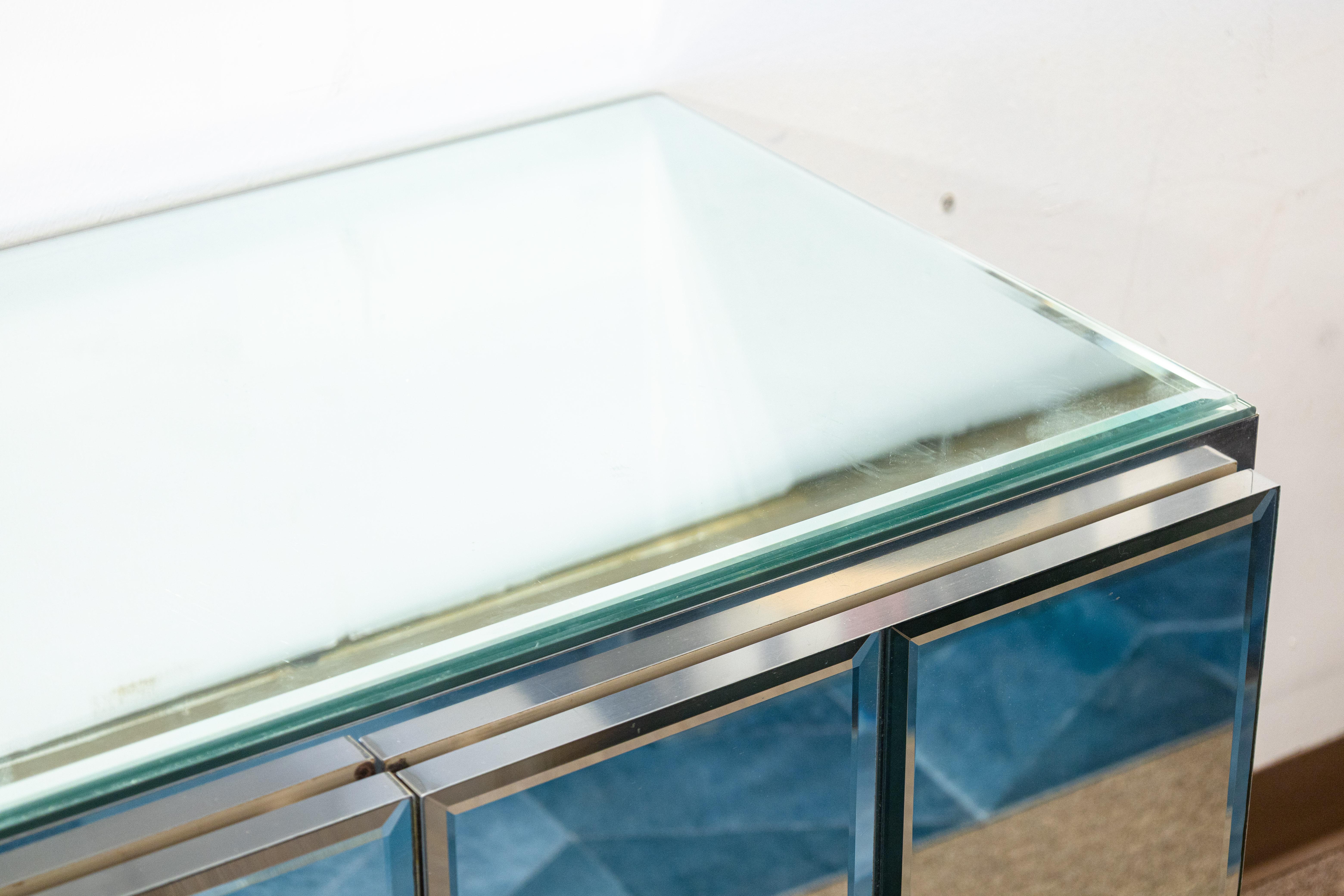 American Vintage Ello Glass and Chrome Mirrored Credenza Cabinet For Sale