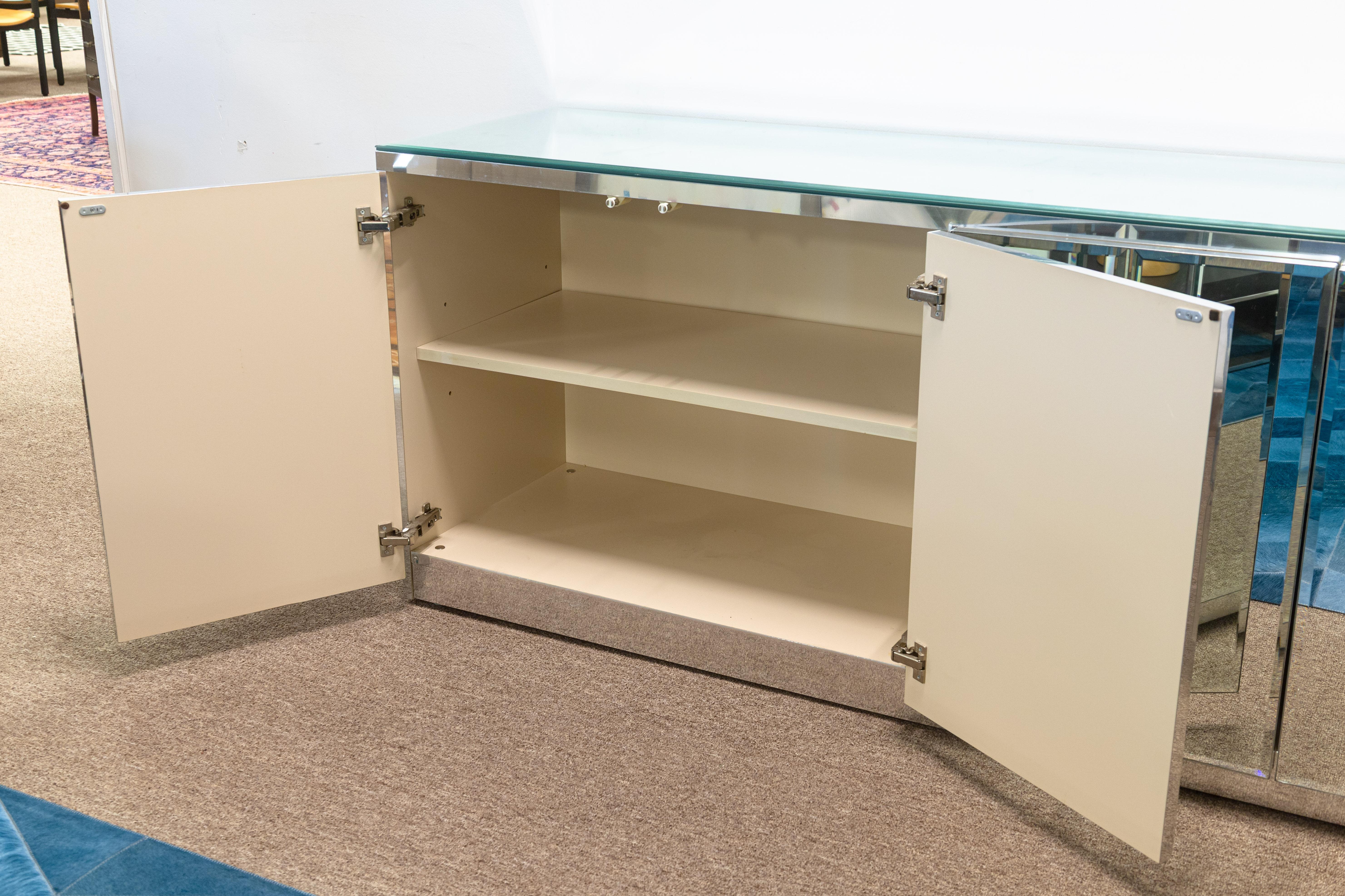 20th Century Vintage Ello Glass and Chrome Mirrored Credenza Cabinet For Sale