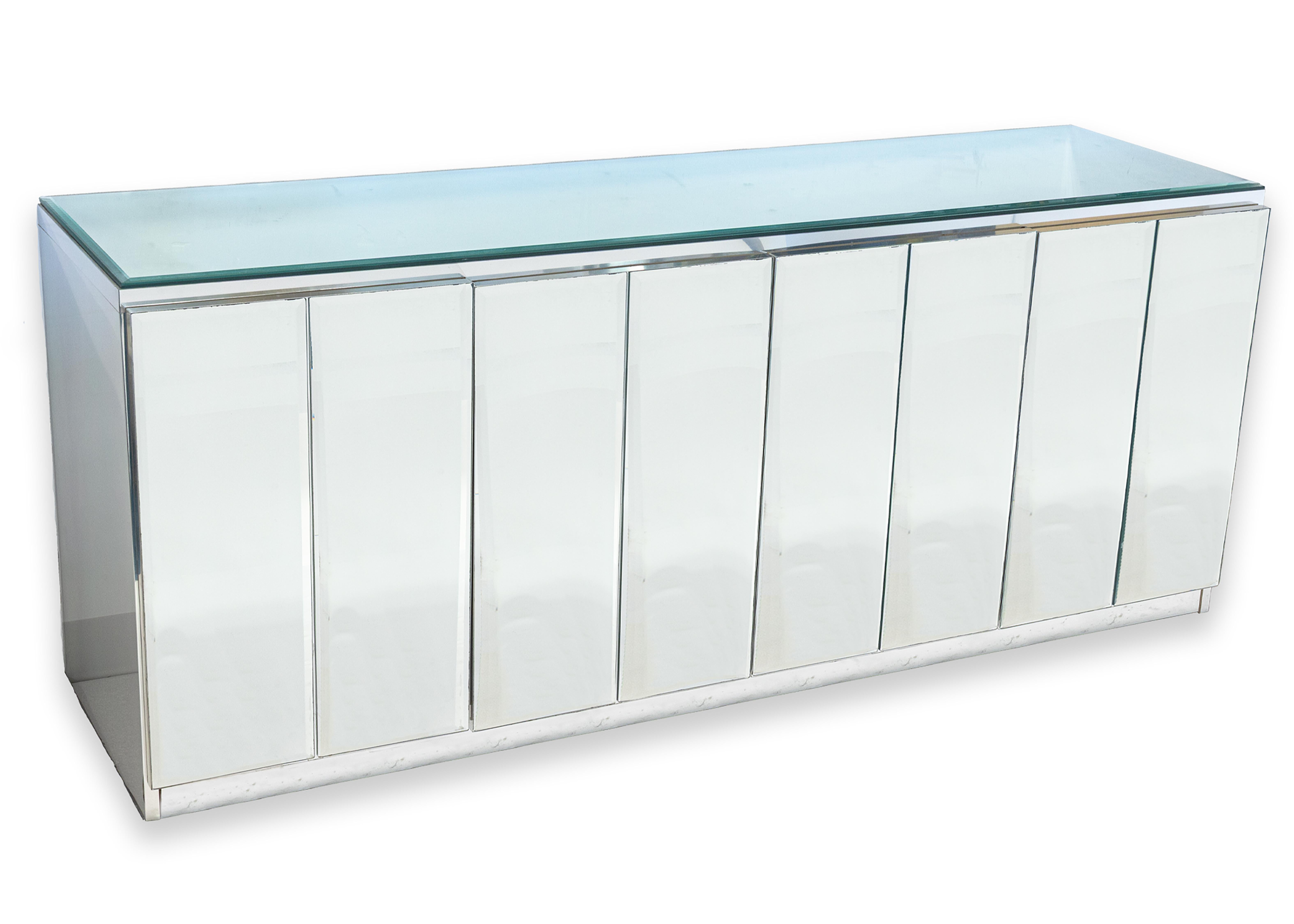 Vintage Ello Glass and Chrome Mirrored Credenza Cabinet For Sale 1
