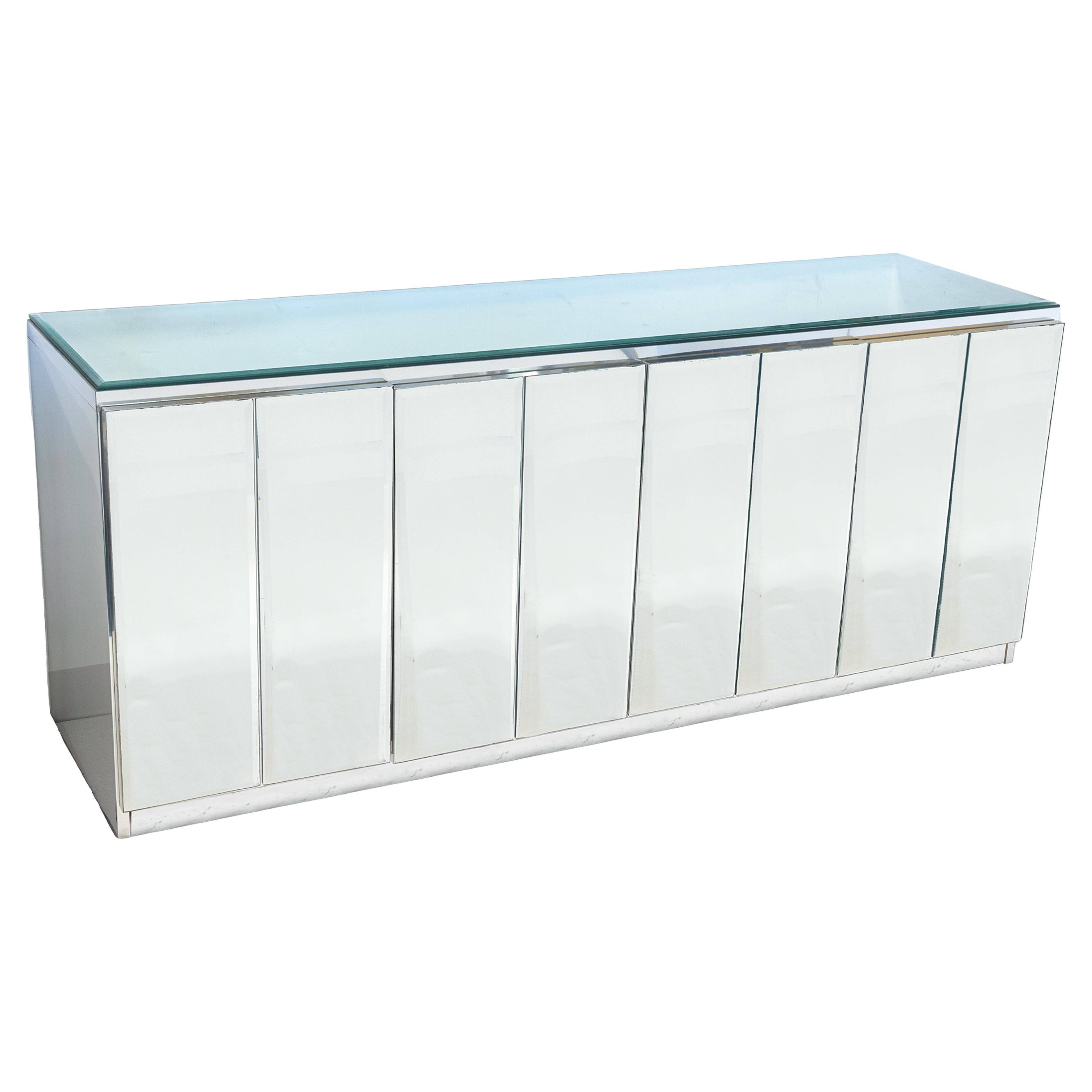 Vintage Ello Glass and Chrome Mirrored Credenza Cabinet
