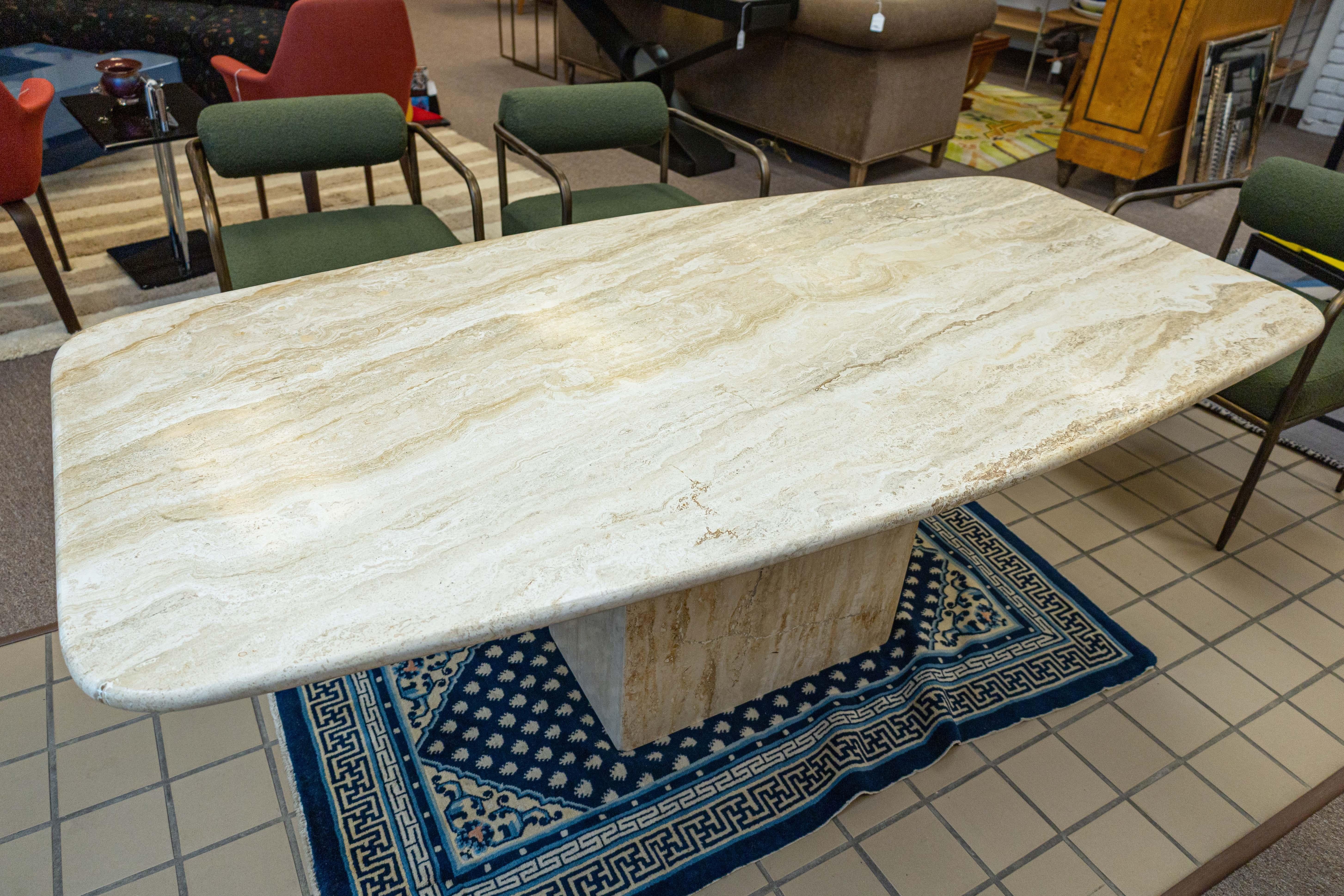 Post-Modern Vintage Ello Postmodern Italian Piano Travertine Stone Pedestal Dining Table