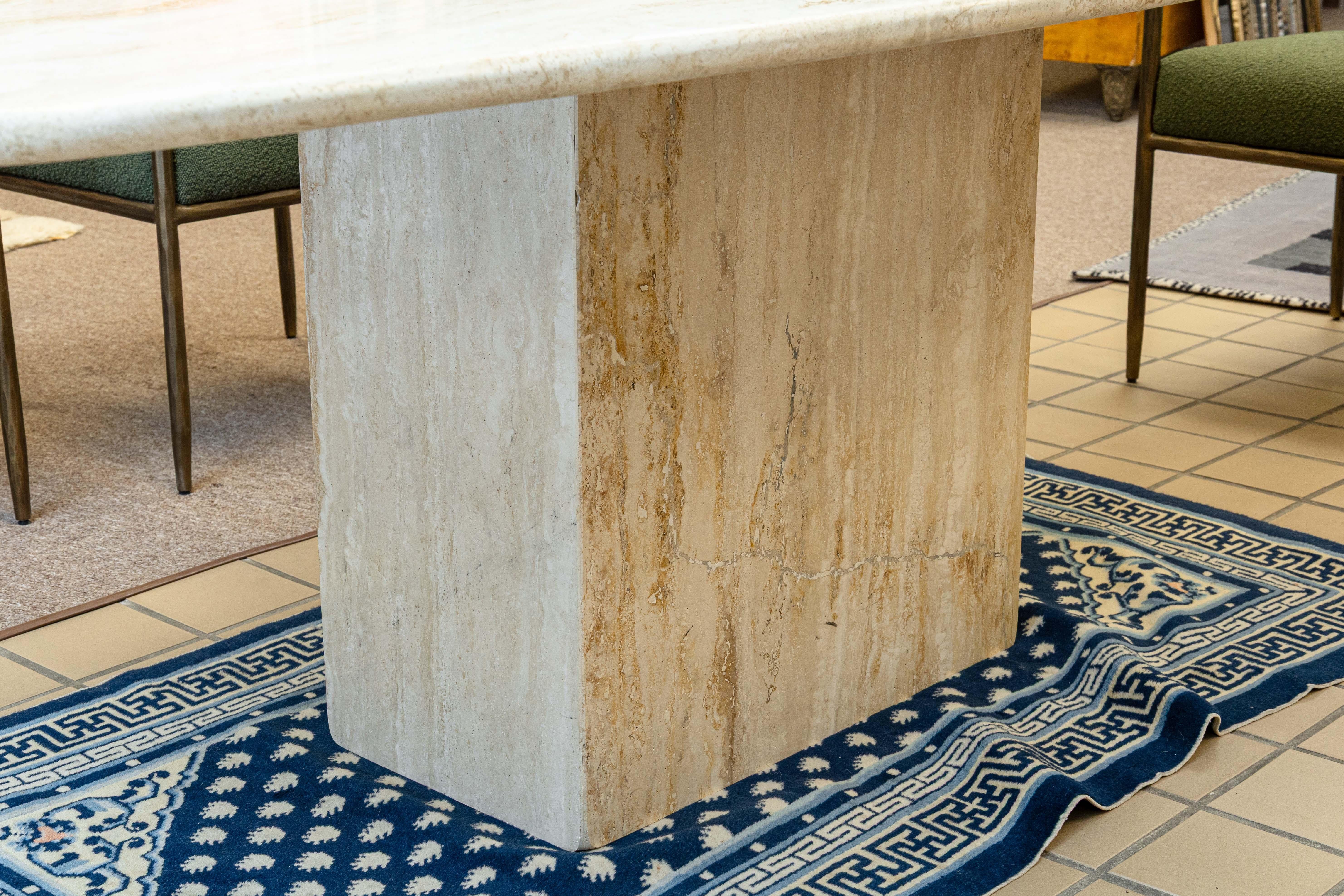 20th Century Vintage Ello Postmodern Italian Piano Travertine Stone Pedestal Dining Table