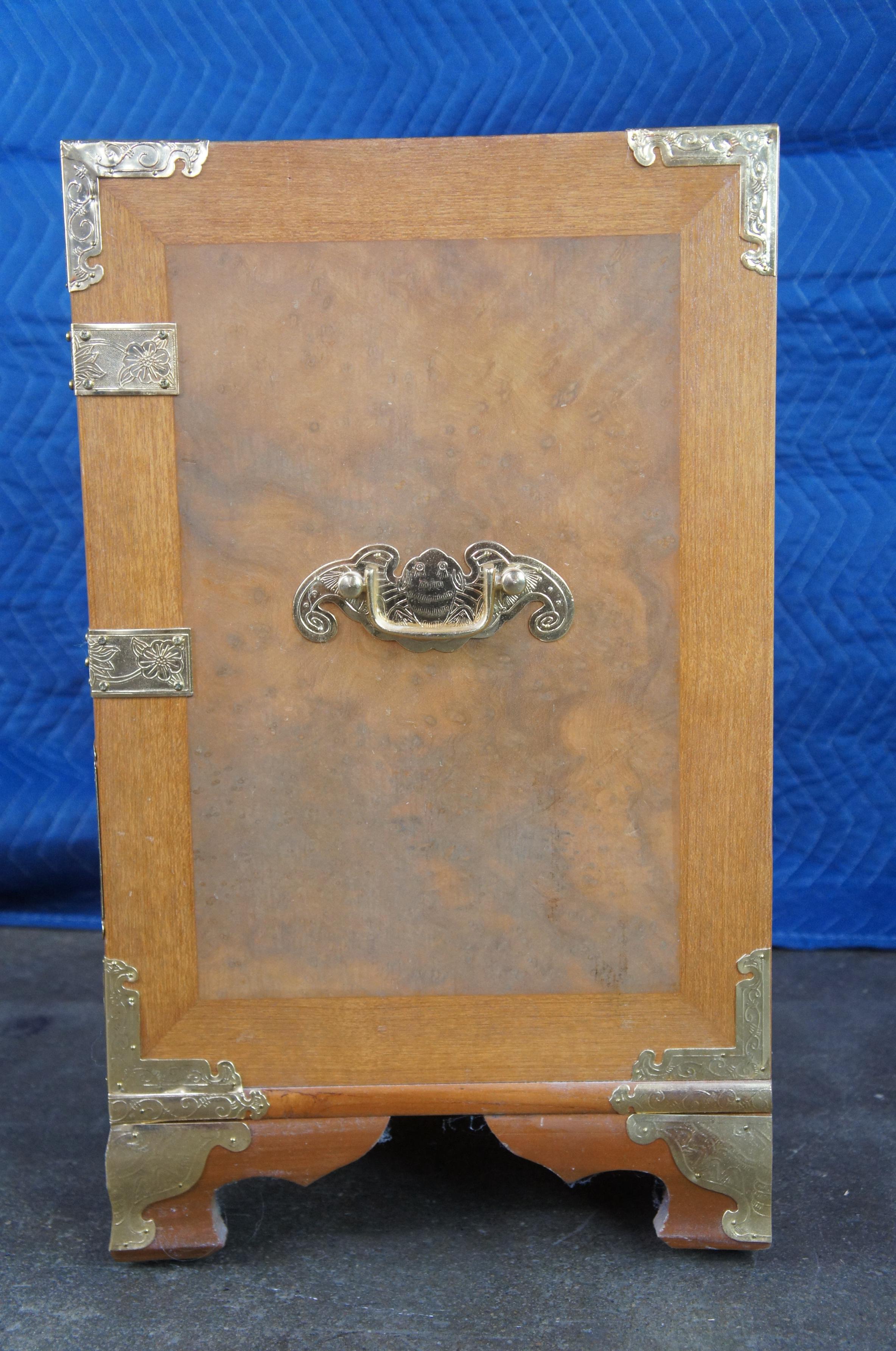 Vintage Elm Burl Brass Tansu Chinoiserie Keepsake Jewelry Chest Table Cabinet 6