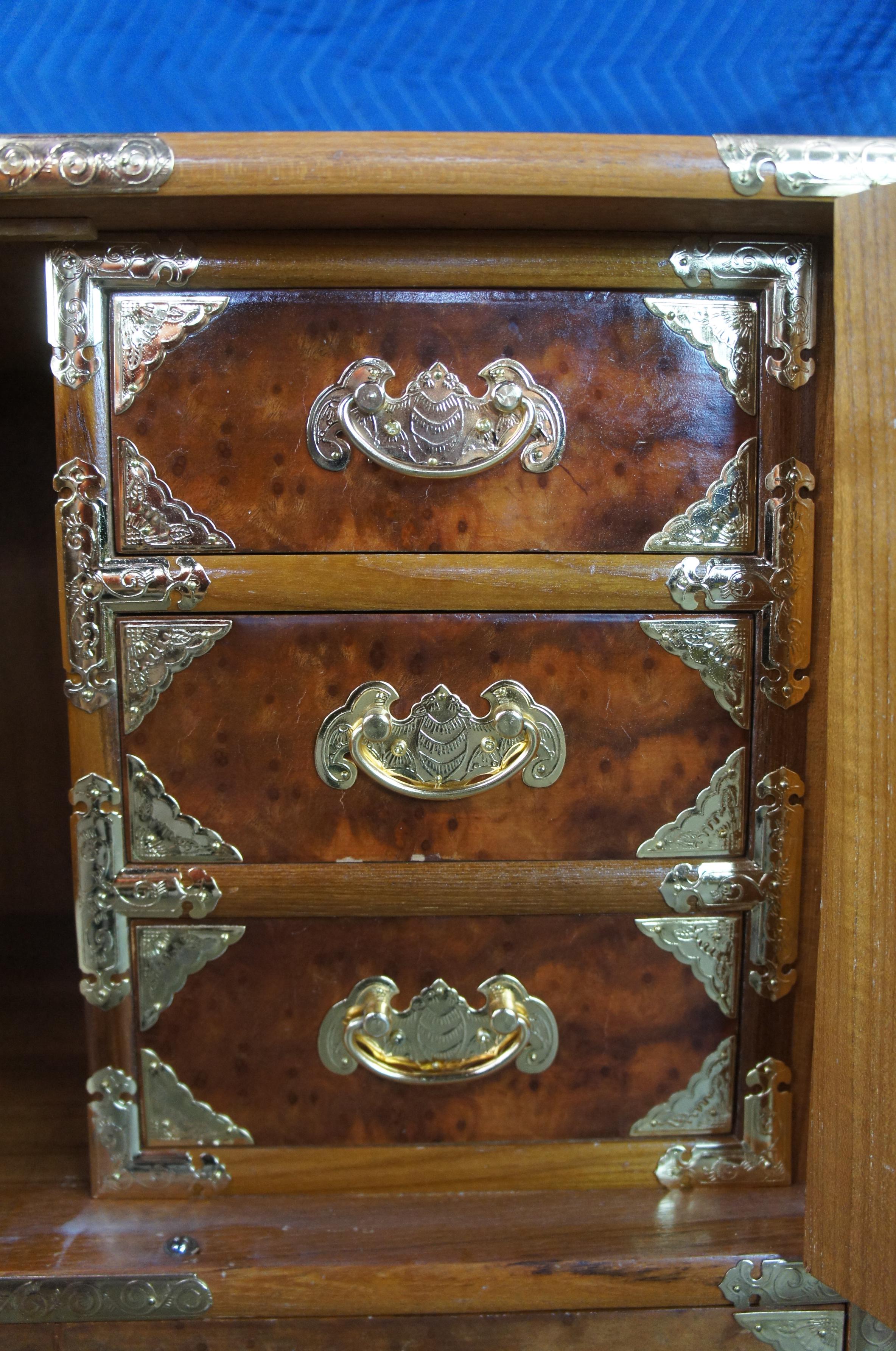 Vintage Elm Burl Brass Tansu Chinoiserie Keepsake Jewelry Chest Table Cabinet 2