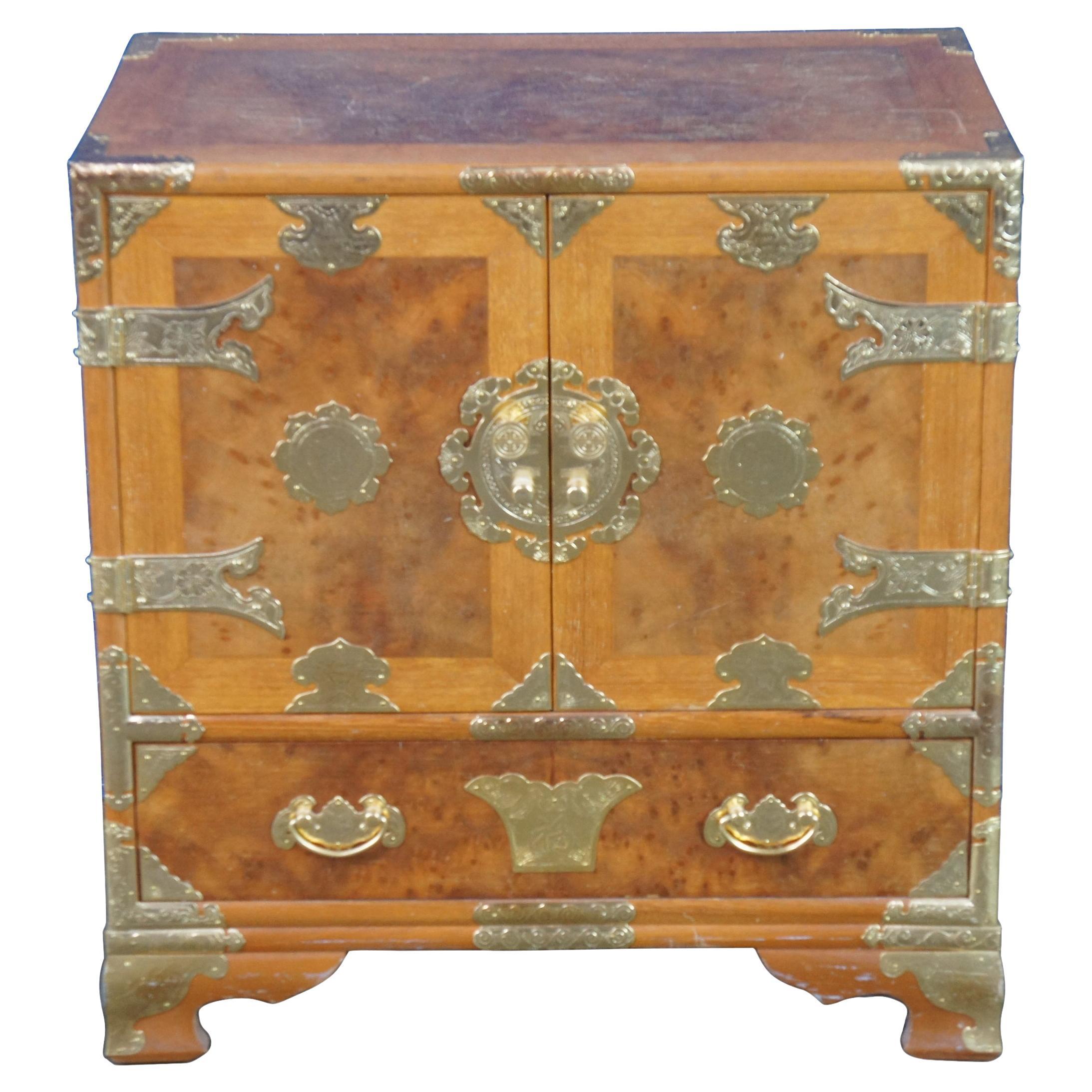 Vintage Elm Burl Brass Tansu Chinoiserie Keepsake Jewelry Chest Table Cabinet