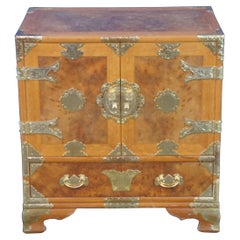 Vintage Elm Burl Brass Tansu Chinoiserie Keepsake Jewelry Chest Table Cabinet