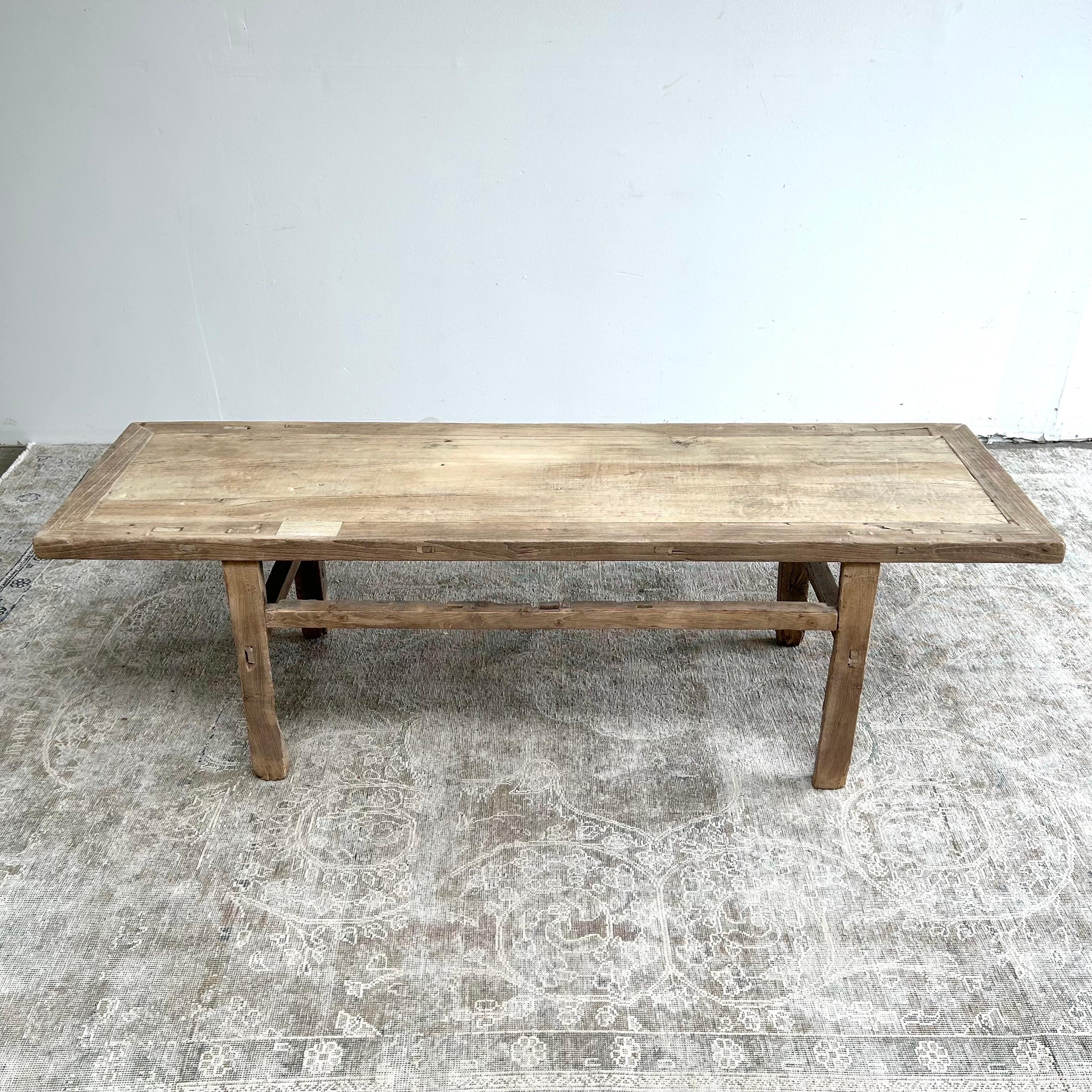 Elm coffee table 75”w x 22”d x 23”h
Vintage elm wood coffee table Solid and sturdy, ready for everyday use. Beautiful rustic patina, looks to once have been a door by looking at the underside. Repurposed into a coffee table or bench.

