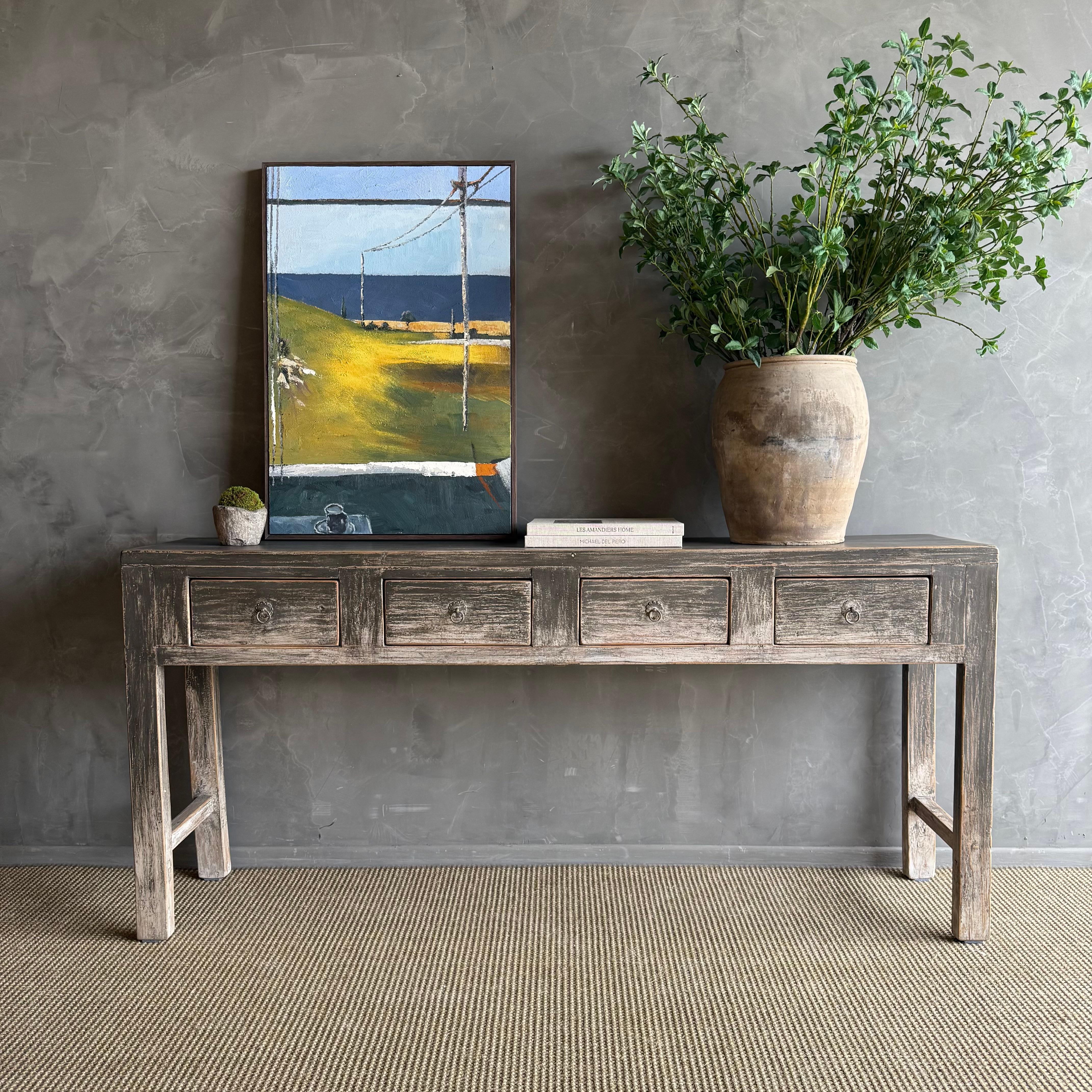 Vintage Elm Console with Patina Finish and 4 Drawers For Sale 8