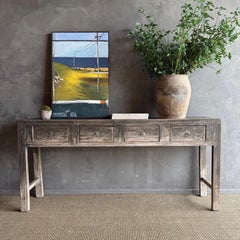 Console en orme vintage avec finition patinée et 4 tiroirs