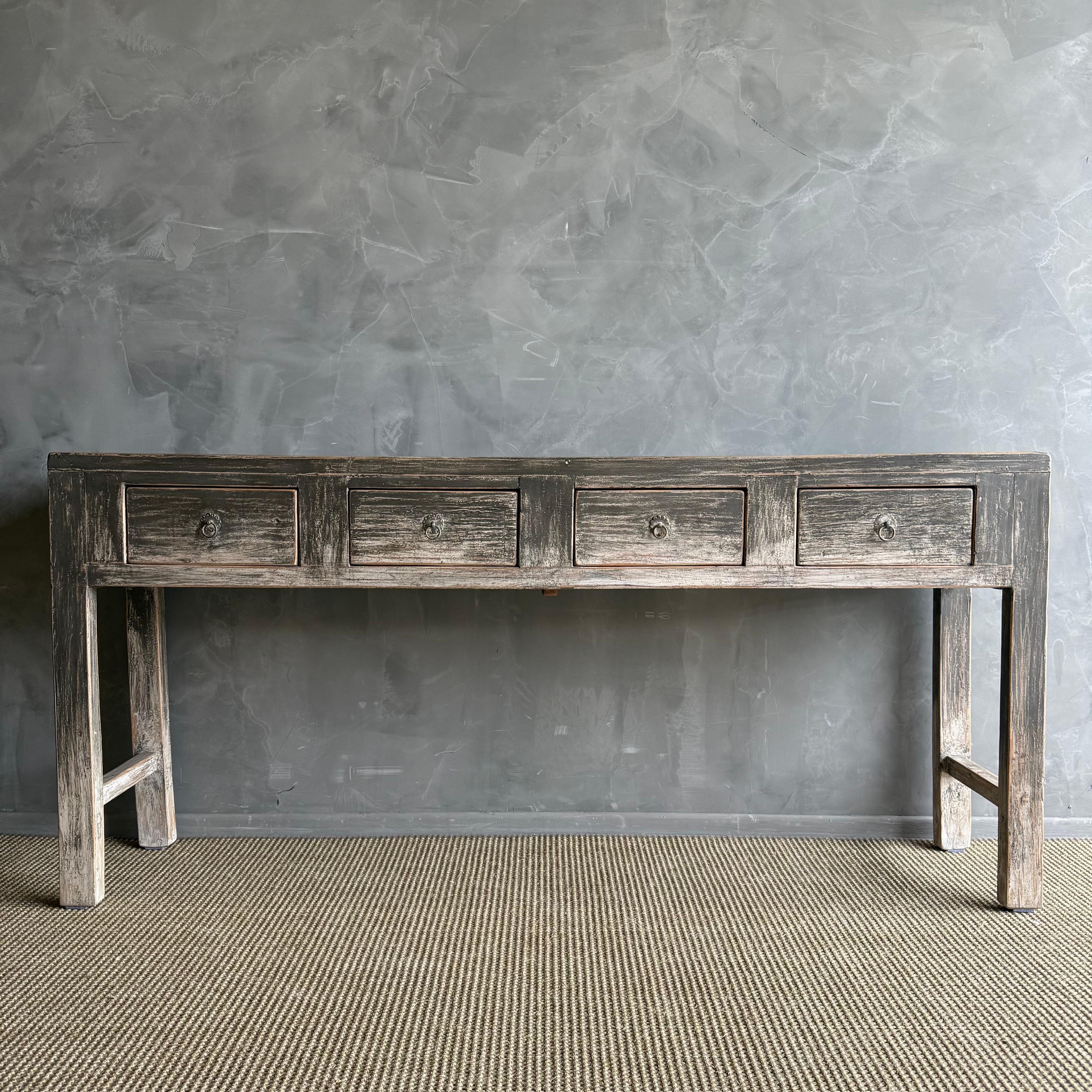 Vintage Elm Console with Patina Finish and 4 Drawers In Good Condition For Sale In Old Town Orange, CA