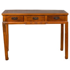 Vintage Elm Desk with Three Drawers, Iron Hardware and Swirling Motifs