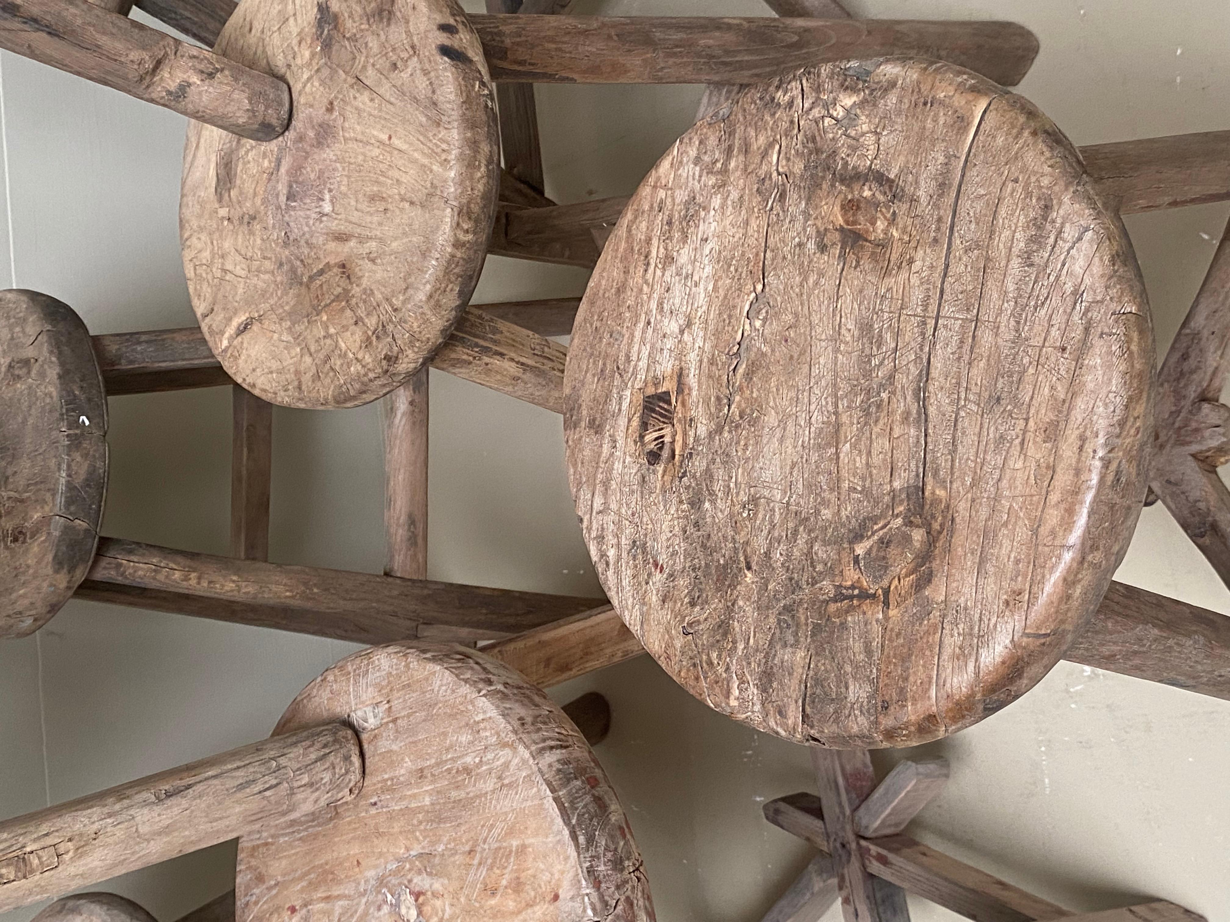 Set of 8 Vintage Elm Round Wooden Rustic Stools 9