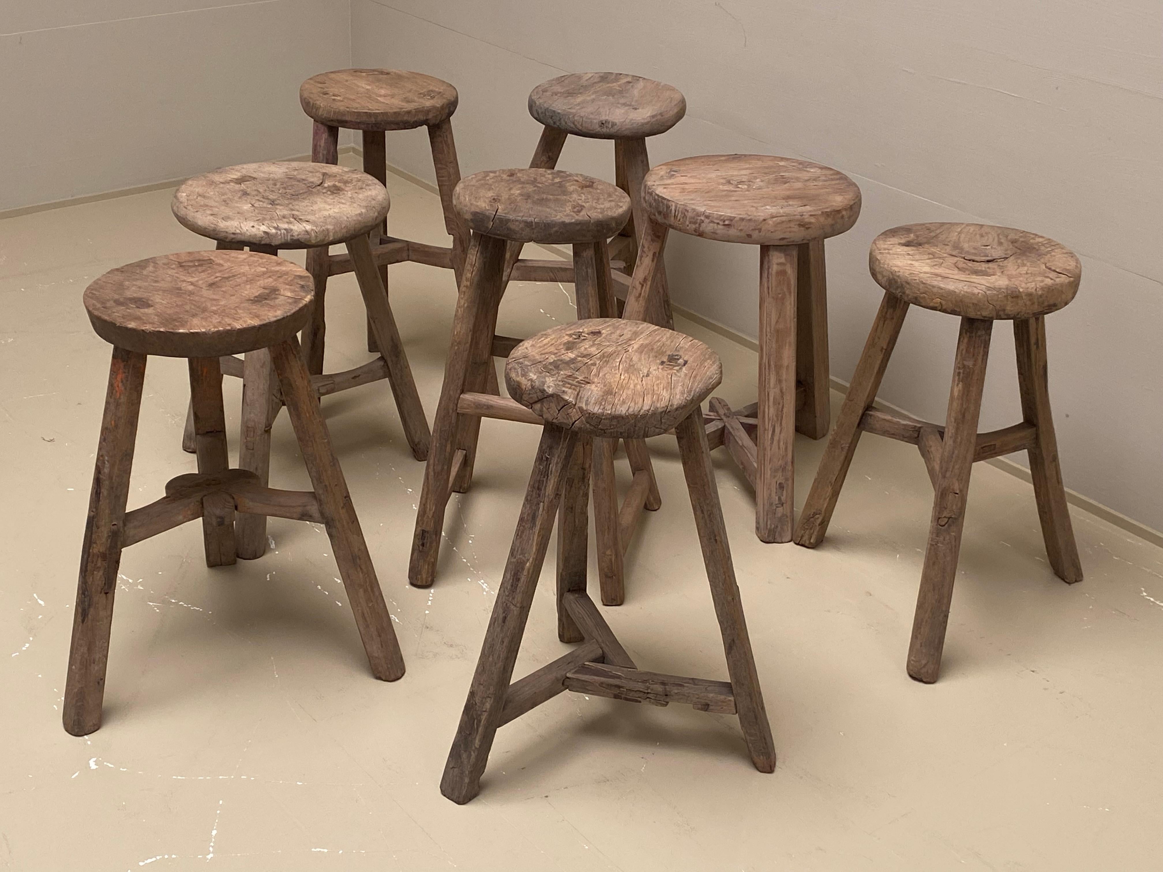 Brutalist Bleached Elm round Stools from China,1960 ties,
Beautiful antique patina with weathering and age,
Can be used as a side table or as a stool or as a drink table.
Great to be used in any space,
Each piece is really unique and some of