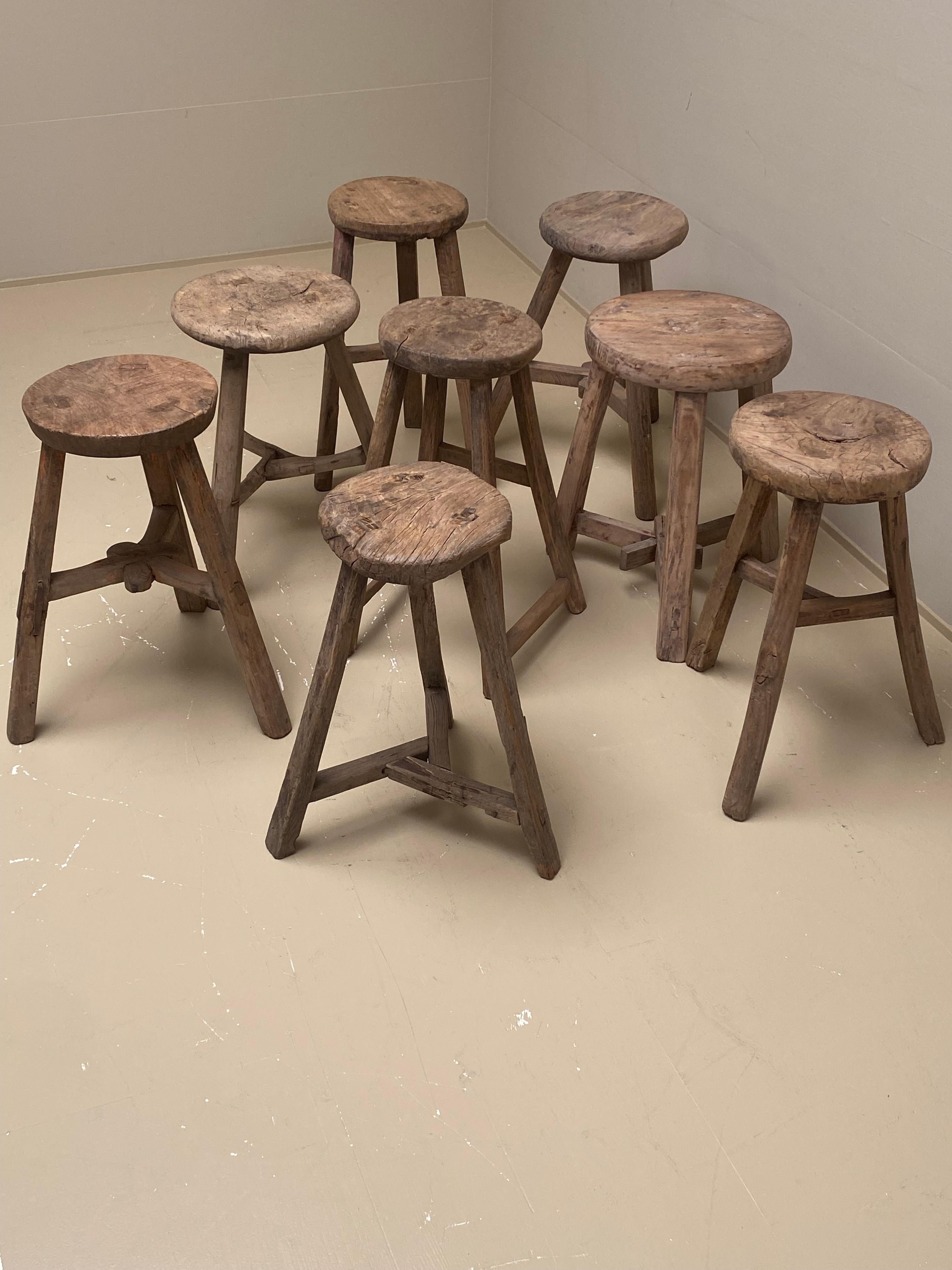 Chinese Set of 8 Vintage Elm Round Wooden Rustic Stools