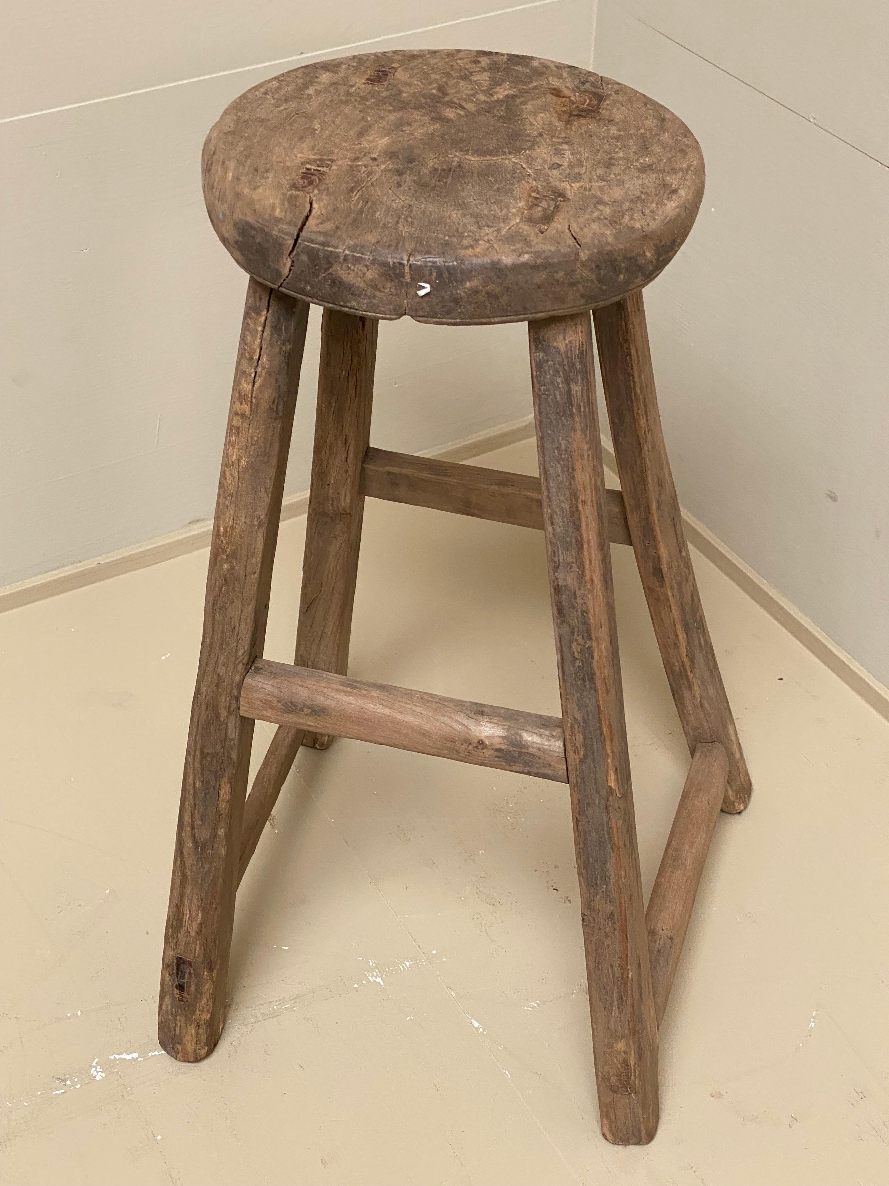 Set of 8 Vintage Elm Round Wooden Rustic Stools 1