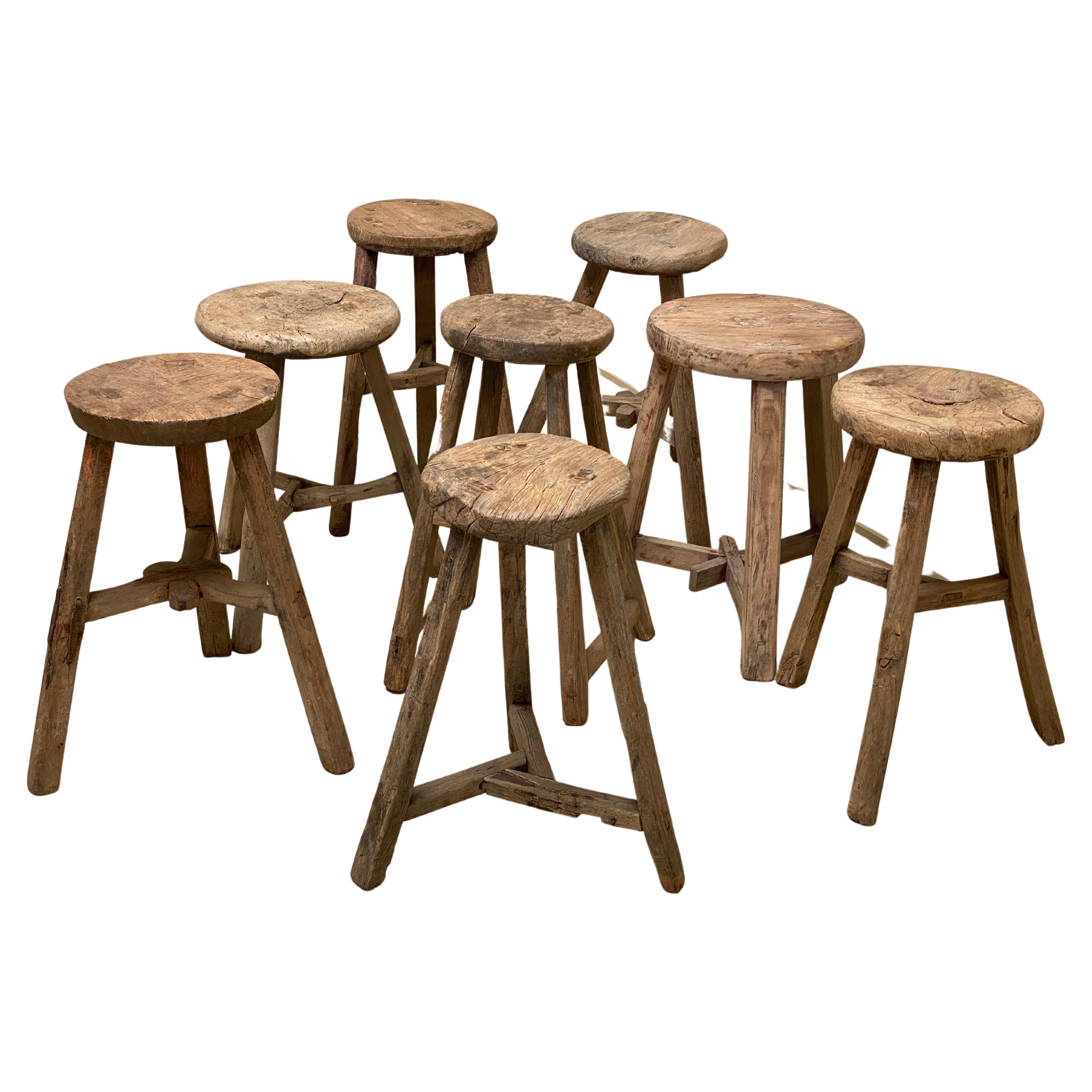 Set of 8 Vintage Elm Round Wooden Rustic Stools