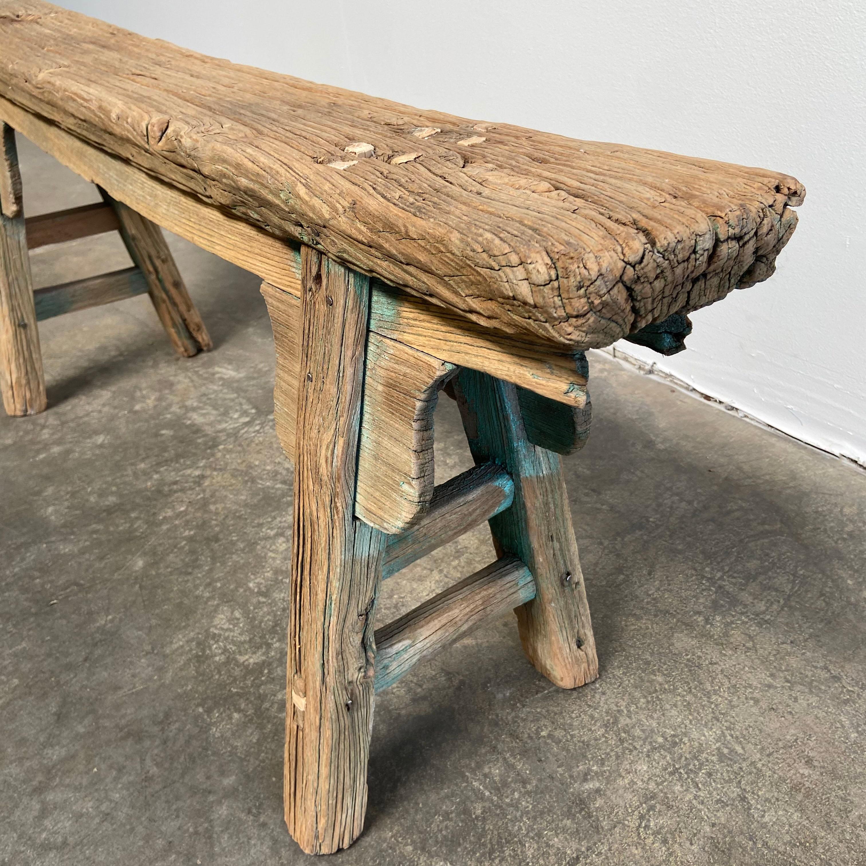 19th Century Vintage Elm Wood Asian Style Skinny Bench