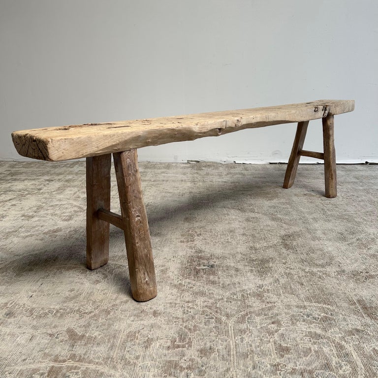 Vintage Elm Wood Bench For Sale at 1stDibs