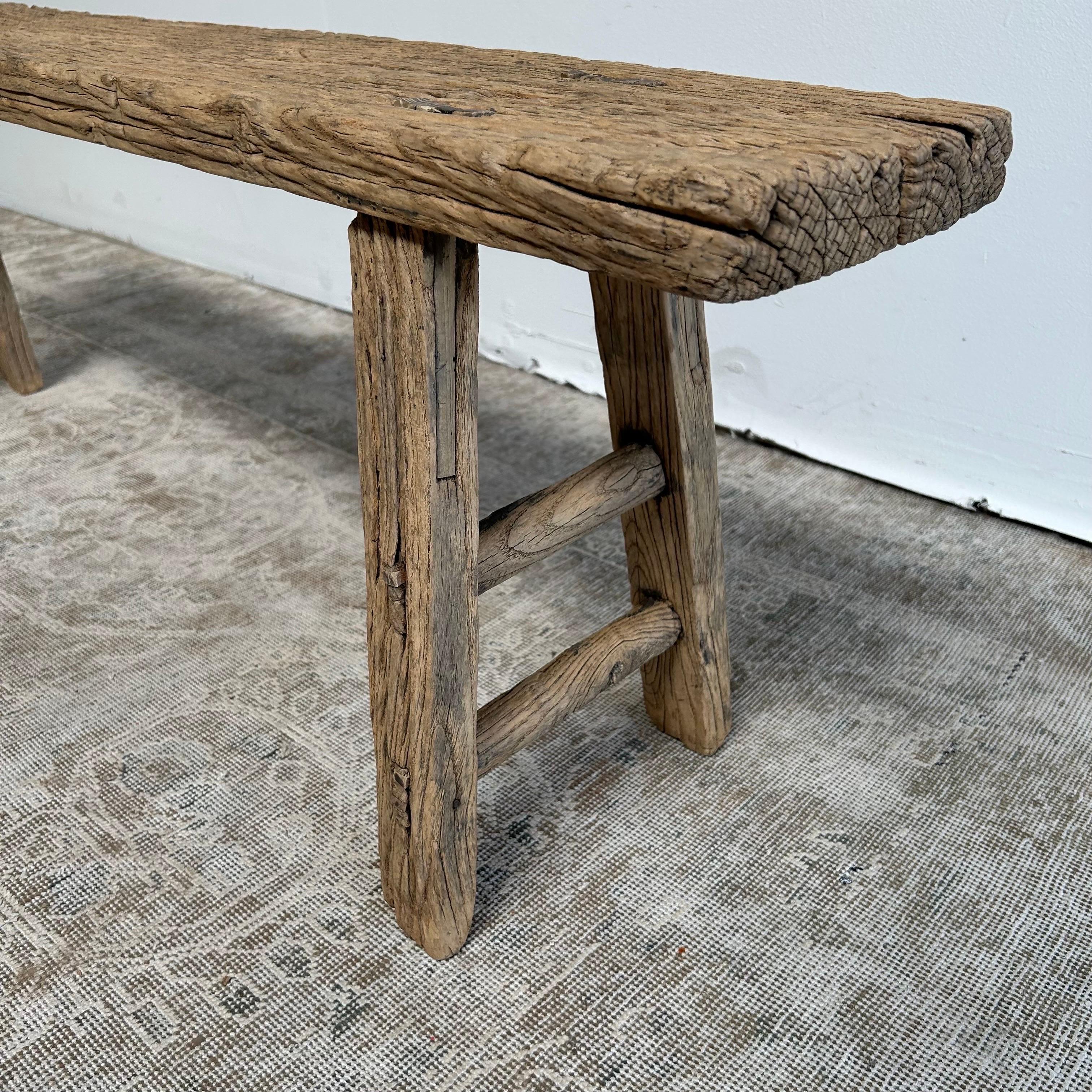 Vintage Elm Wood Bench with Aged Patina 7
