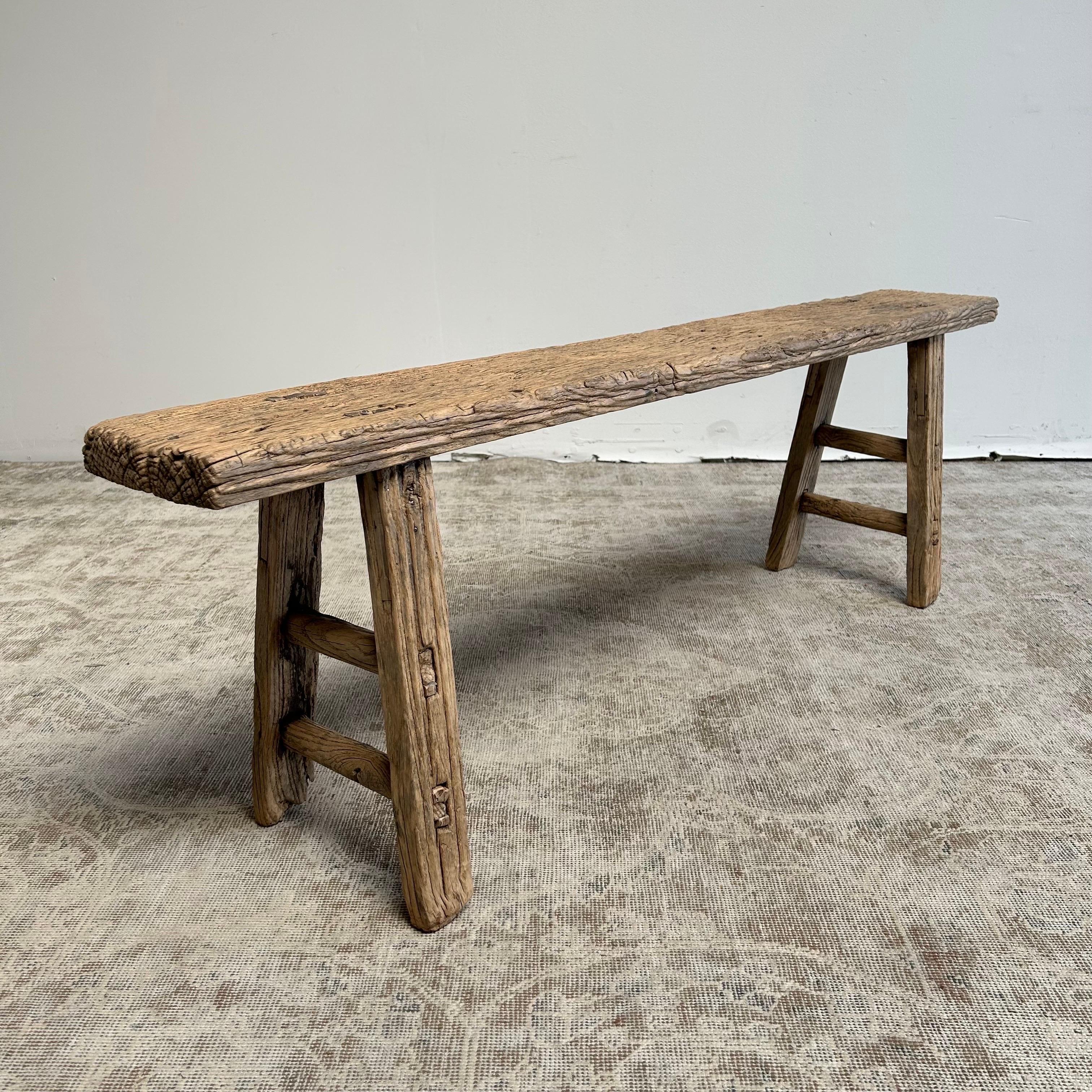 Vintage Elm Wood Bench with Aged Patina 9