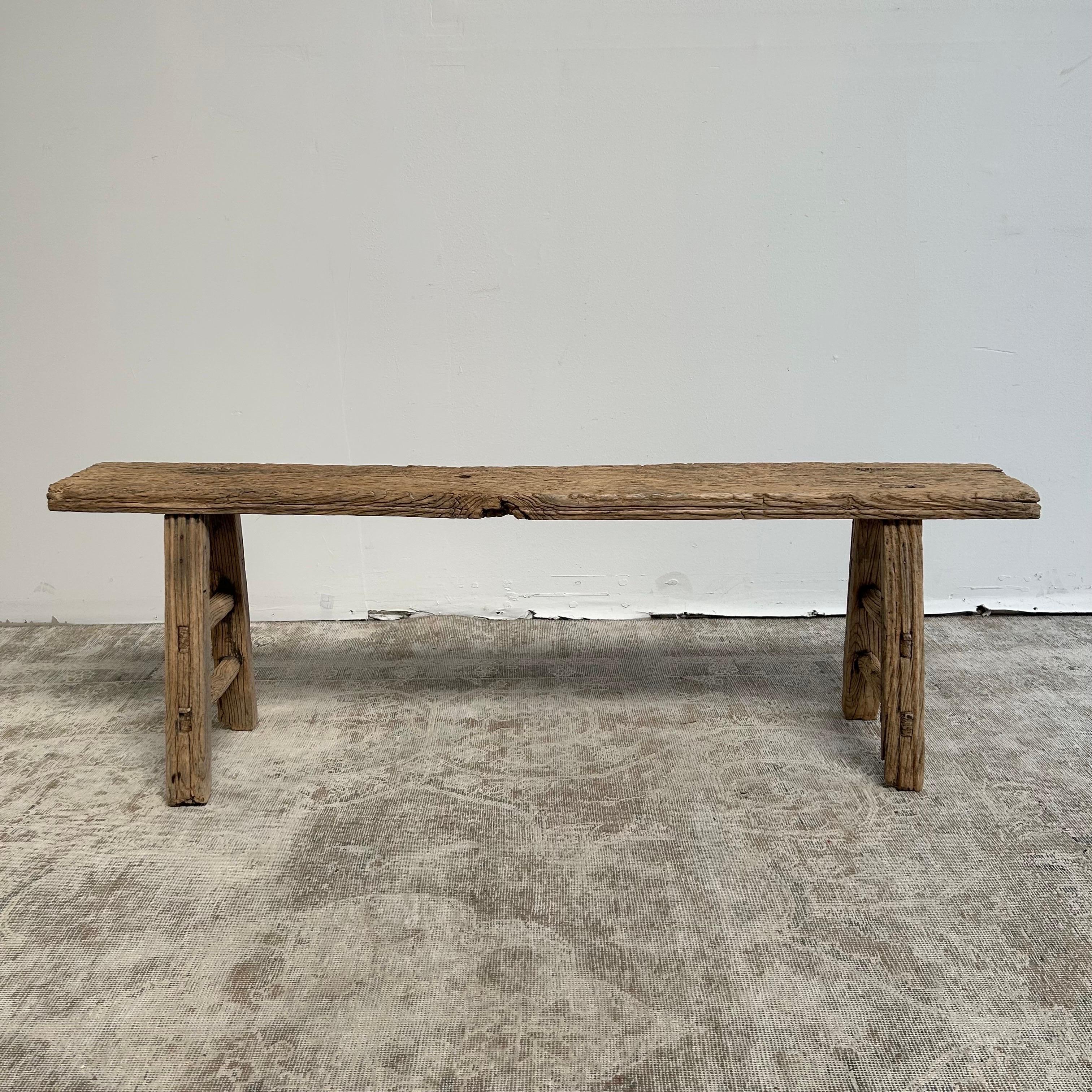 Vintage Elm Wood Bench with Aged Patina 10
