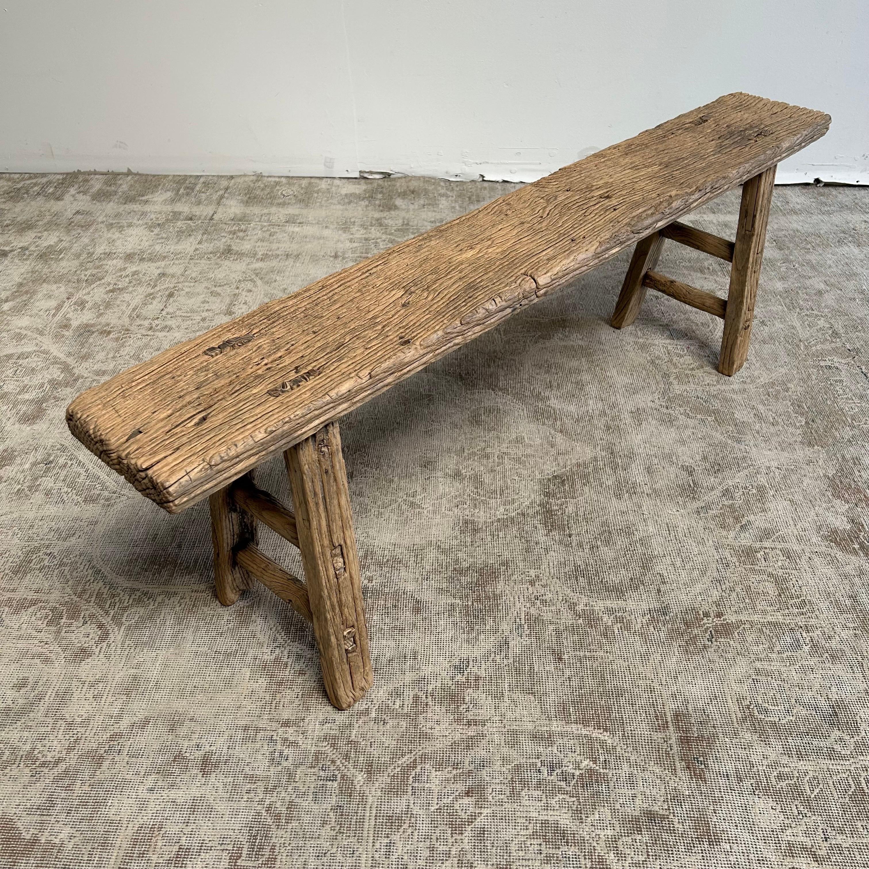 Organic Modern Vintage Elm Wood Bench with Aged Patina