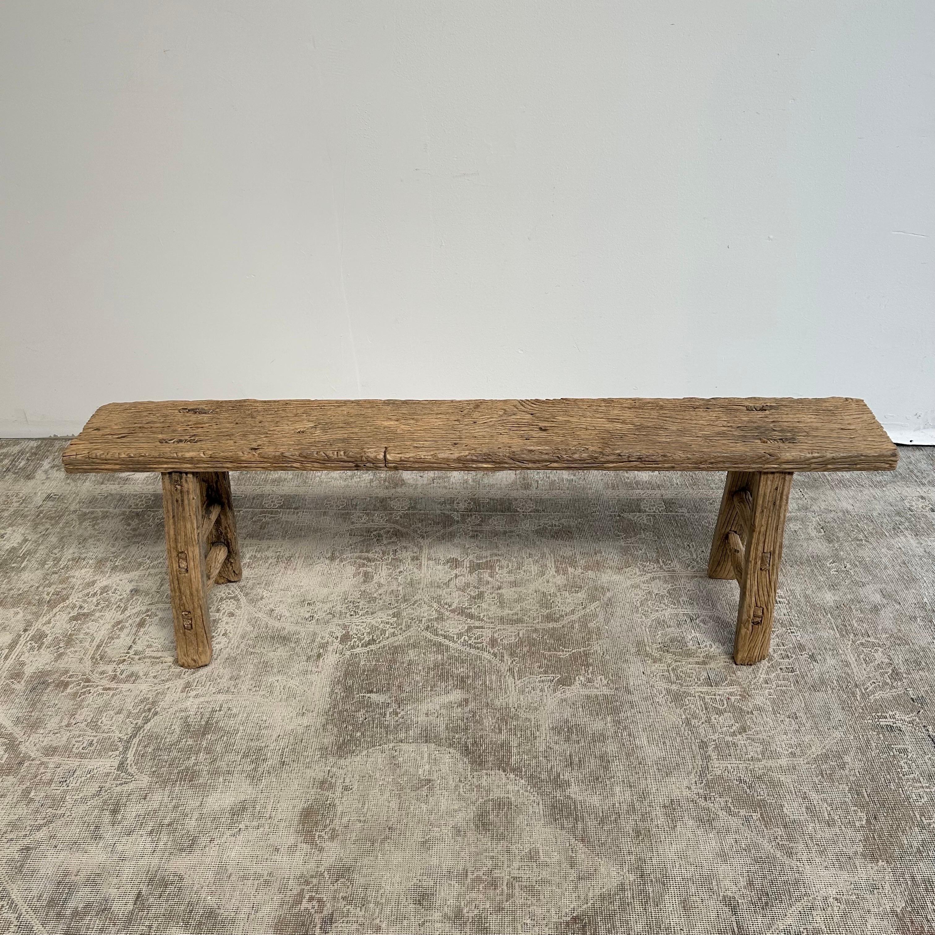 Asian Vintage Elm Wood Bench with Aged Patina