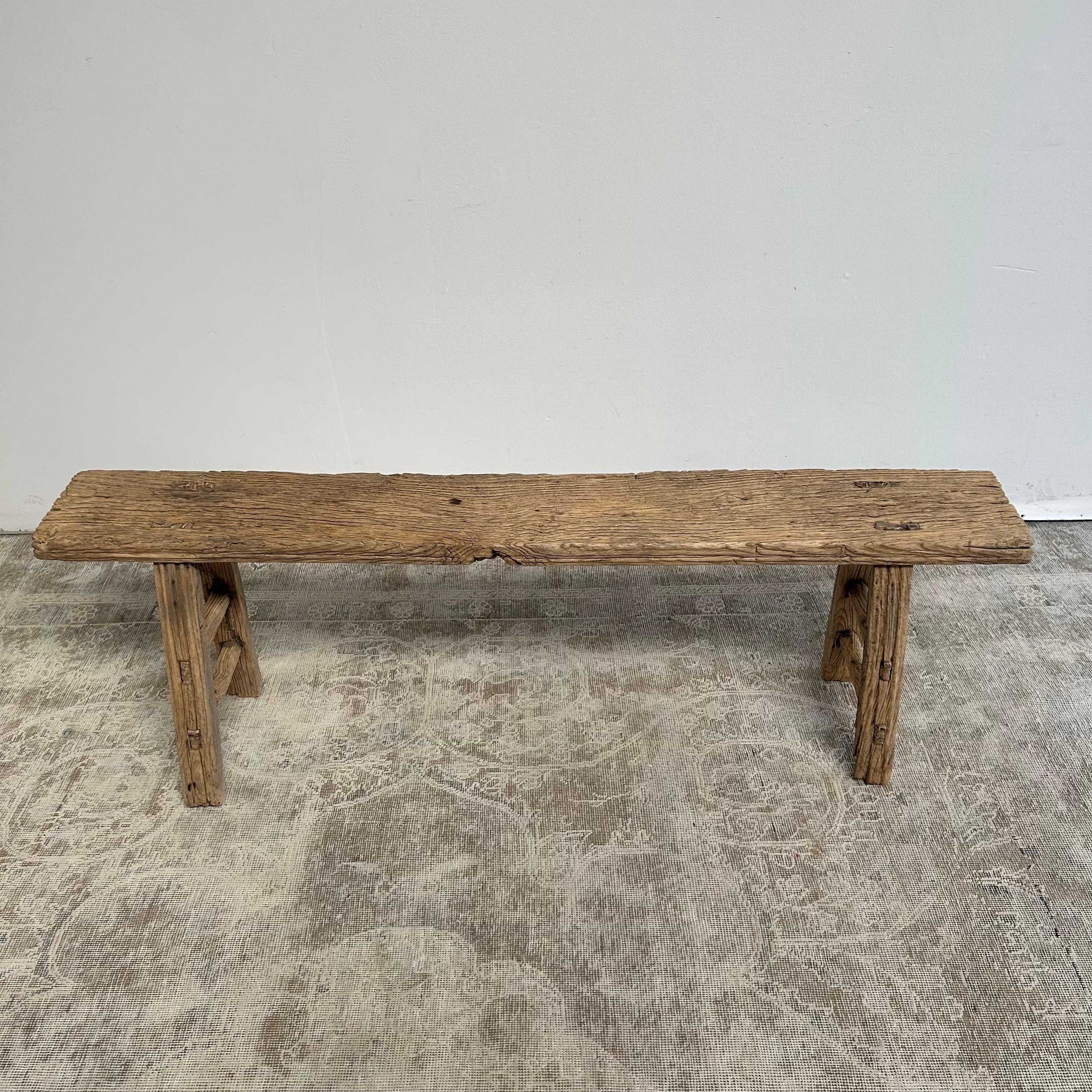 Vintage Elm Wood Bench with Aged Patina 2
