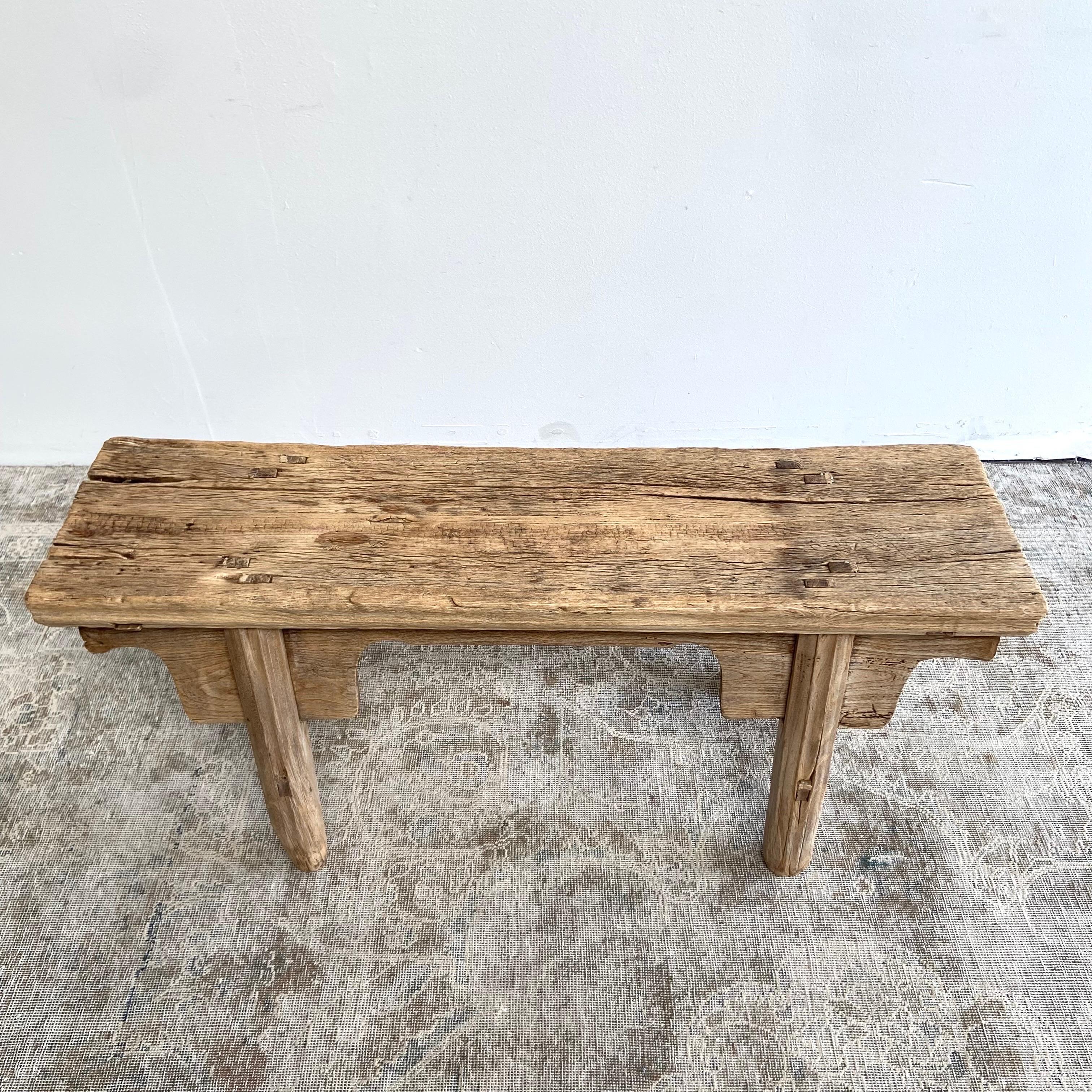 Vintage Elm Wood Bench with Apron For Sale 1