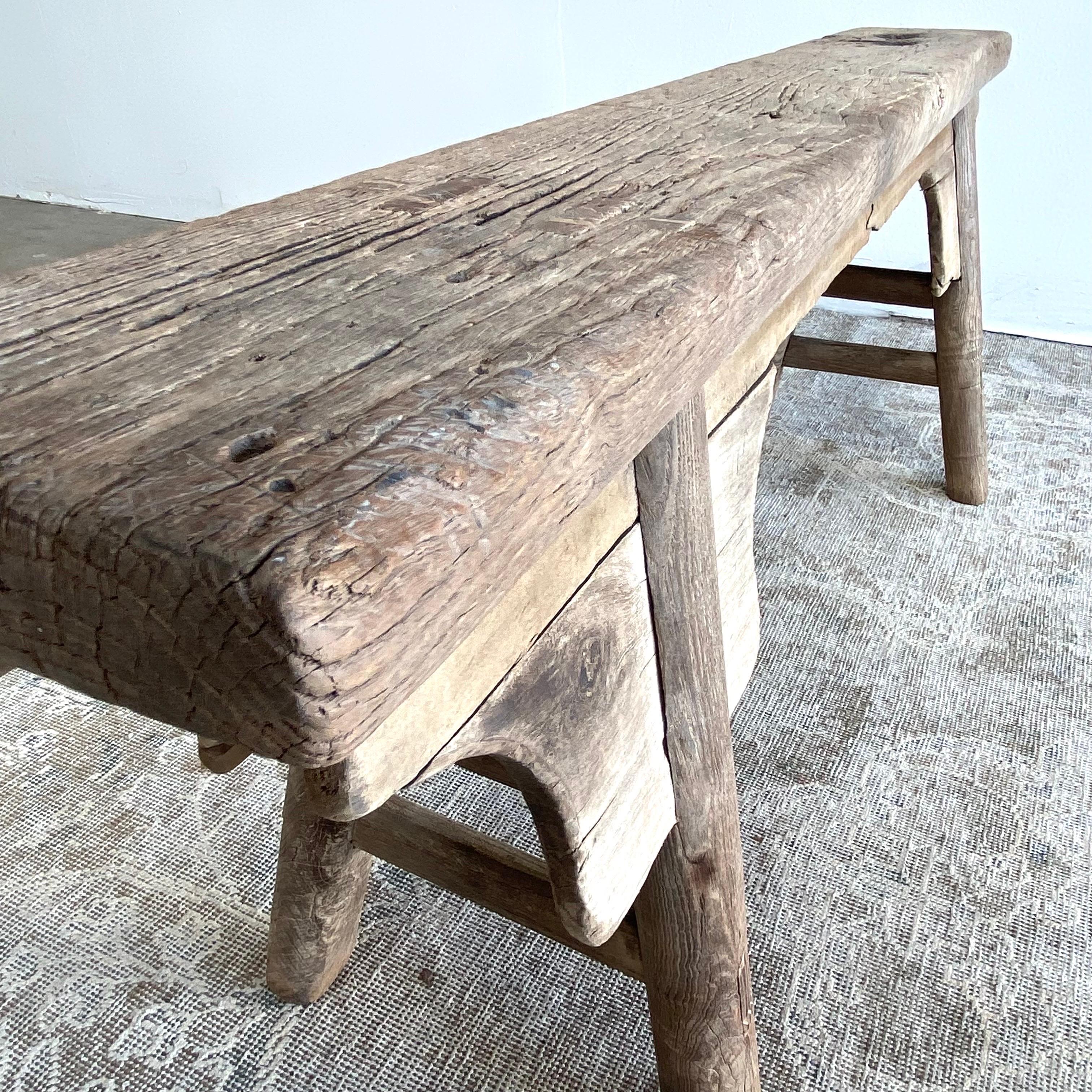 Vintage Elm Wood Bench with Apron For Sale 7