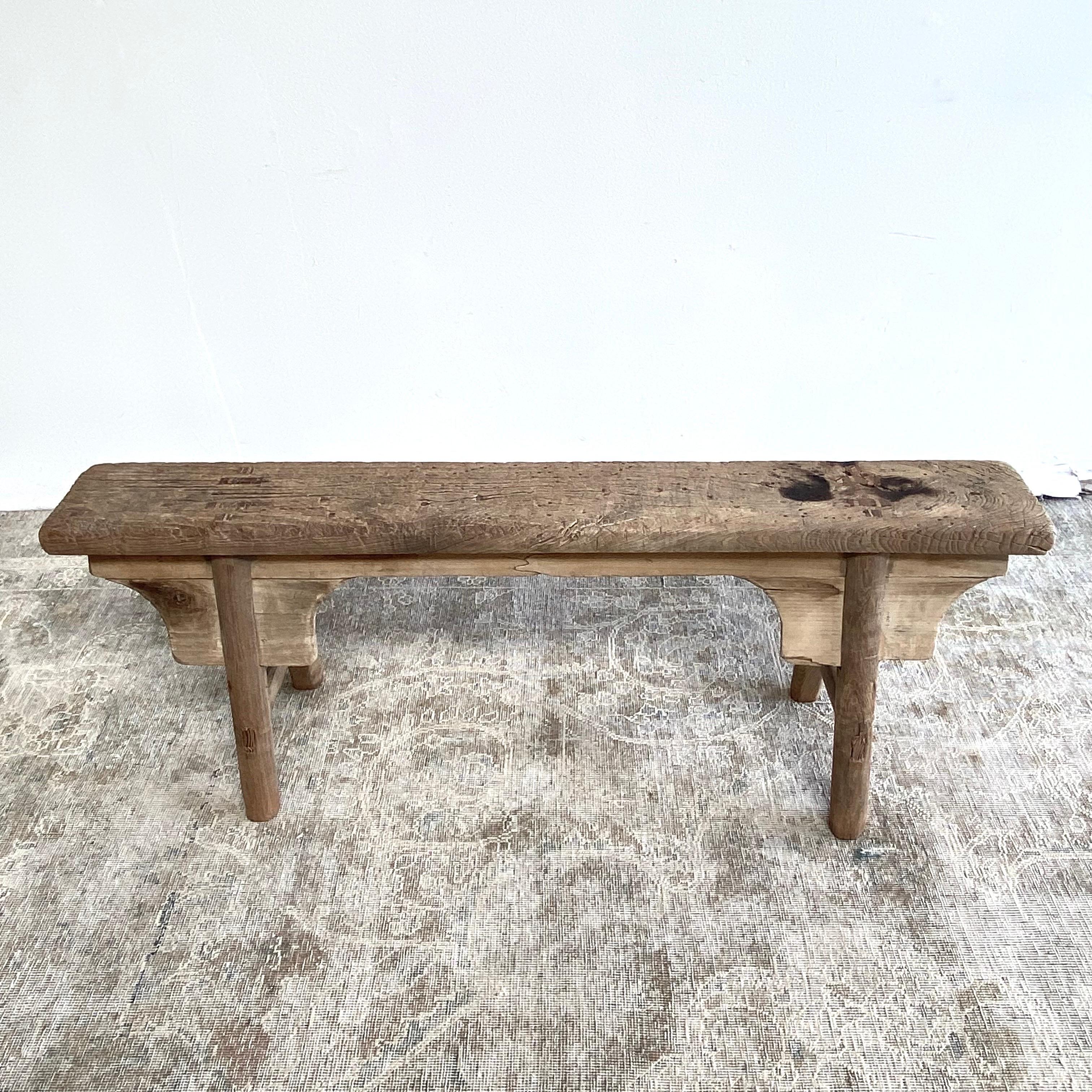 Vintage Elm Wood Bench with Apron For Sale 3