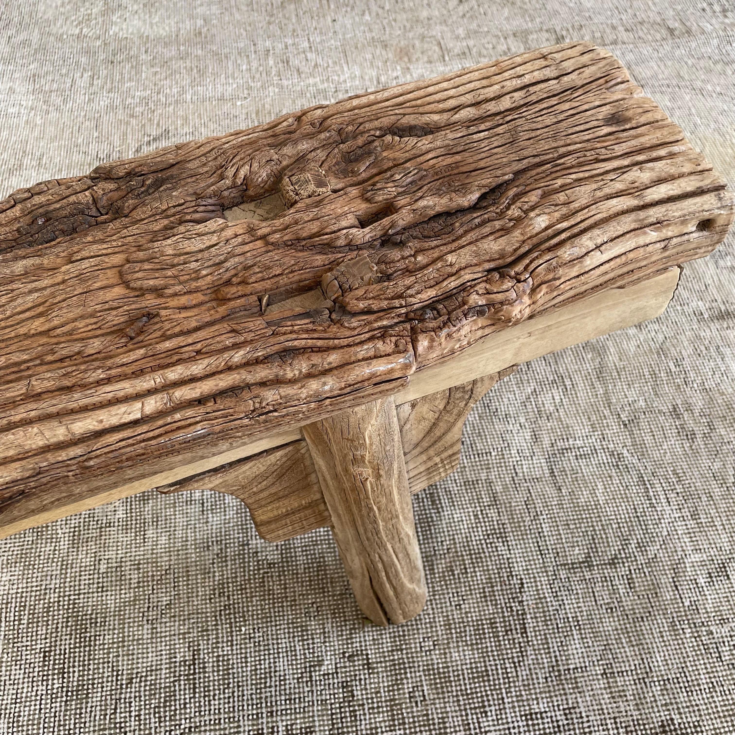 Vintage Elm Wood Bench with Apron 3