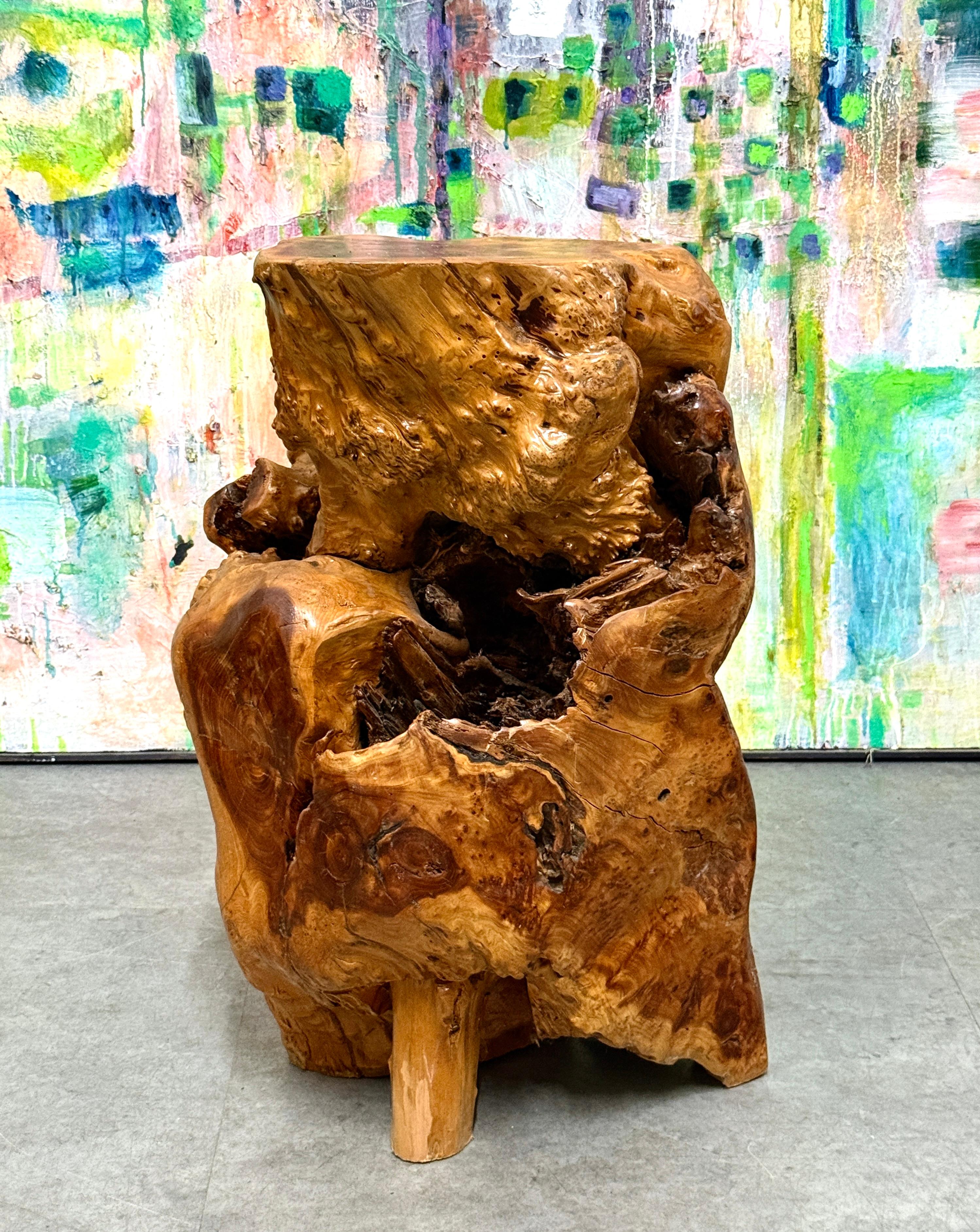 Chinese Vintage Elm Wood Burl Root Pedestal Table Stand or Stool Organic Modern 1970's For Sale