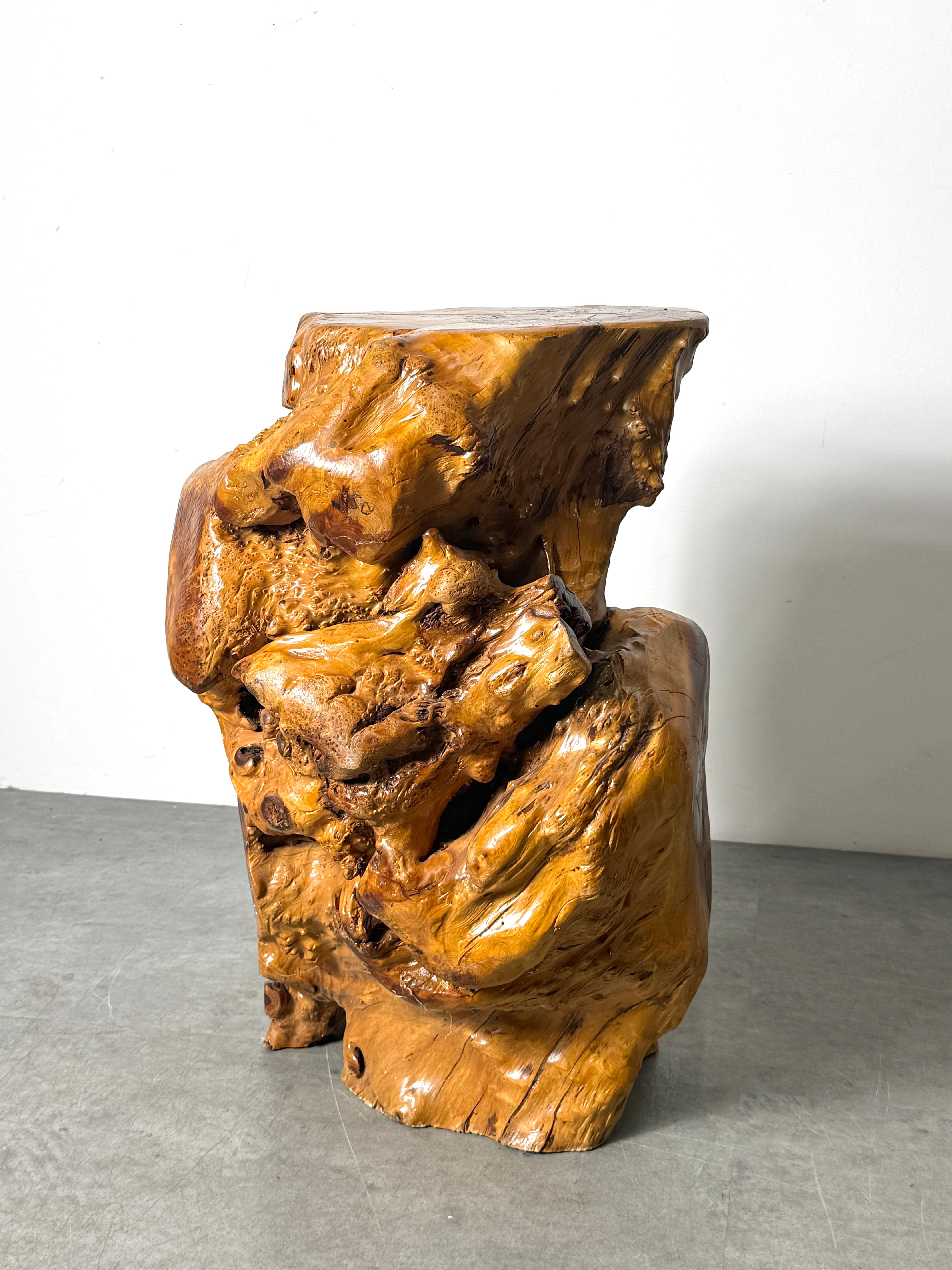 Carved Vintage Elm Wood Burl Root Pedestal Table Stand or Stool Organic Modern 1970's For Sale