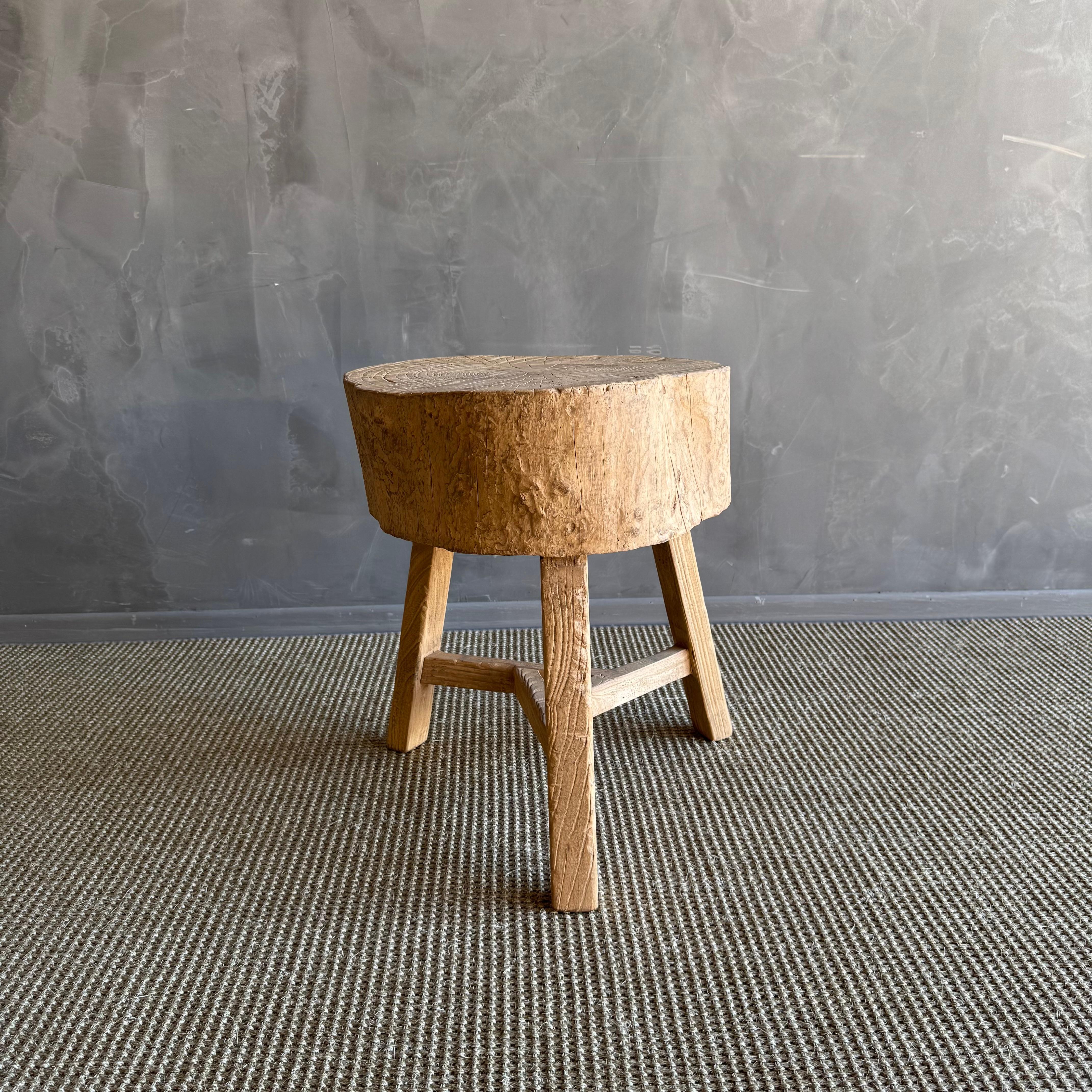 Organic Modern Vintage Elm Wood Chop Block Style Table For Sale