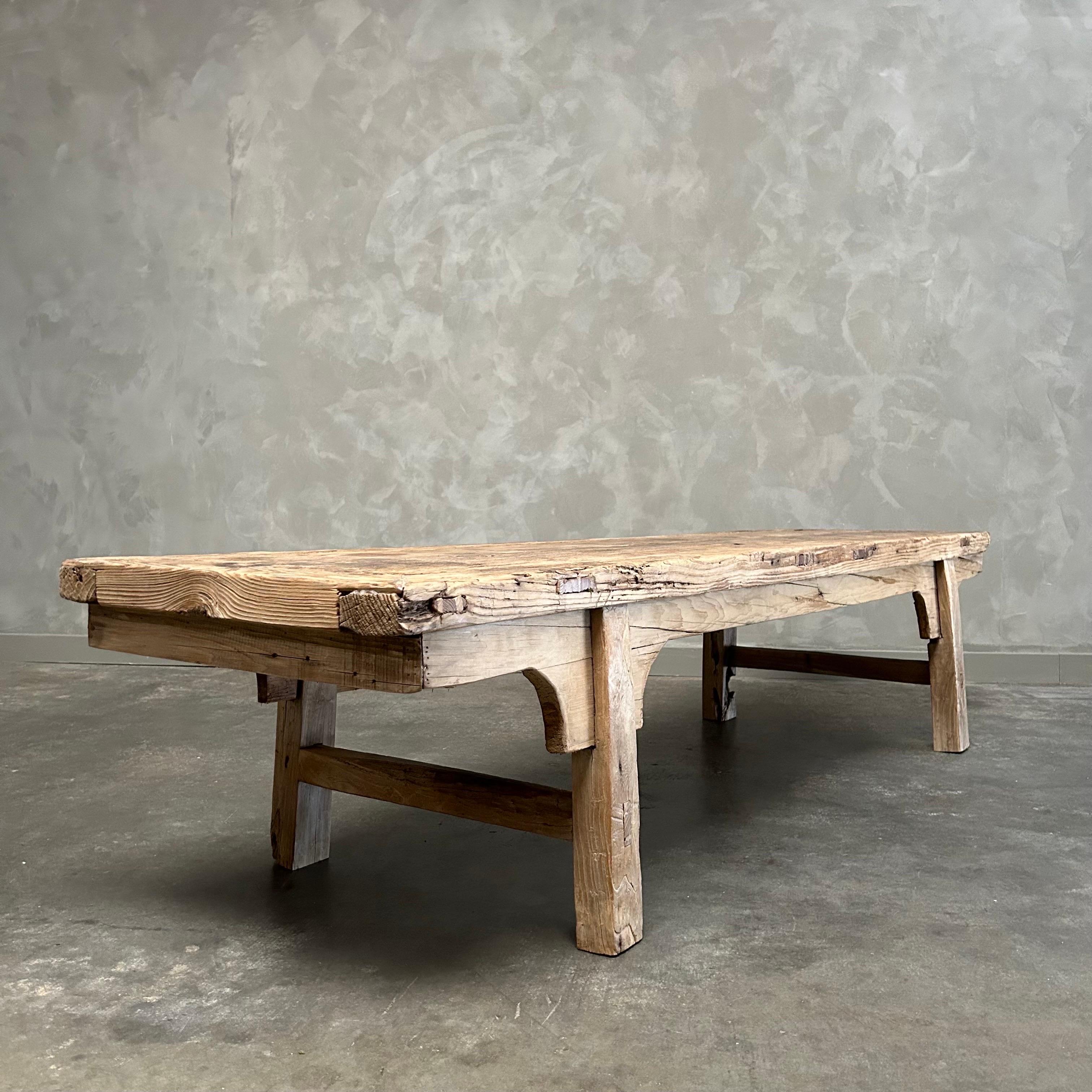 Vintage Elm wood coffee table 
Size: 82”w x 22.5”d x 18”h
Antique patina elm wood coffee table with apron
Natural Raw Elm wood / No finish
Solid and sturdy, ready for everyday use.