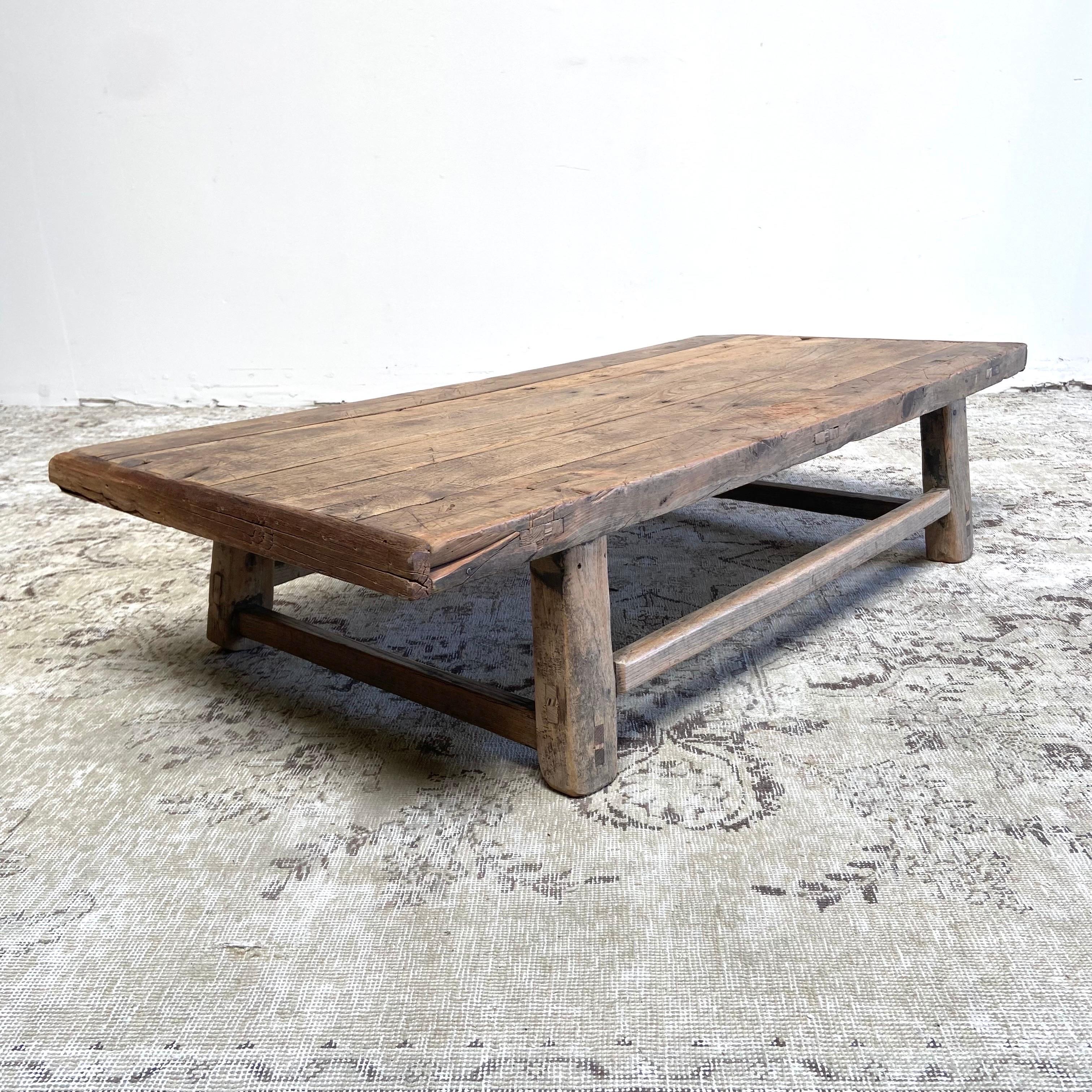 Vintage antique elm wood coffee table with beautiful antique weathered patina top Beautiful antique patina, with weathering and age, these are solid and sturdy ready for daily use, use as a coffee table or entry bench. Each piece is truly unique and