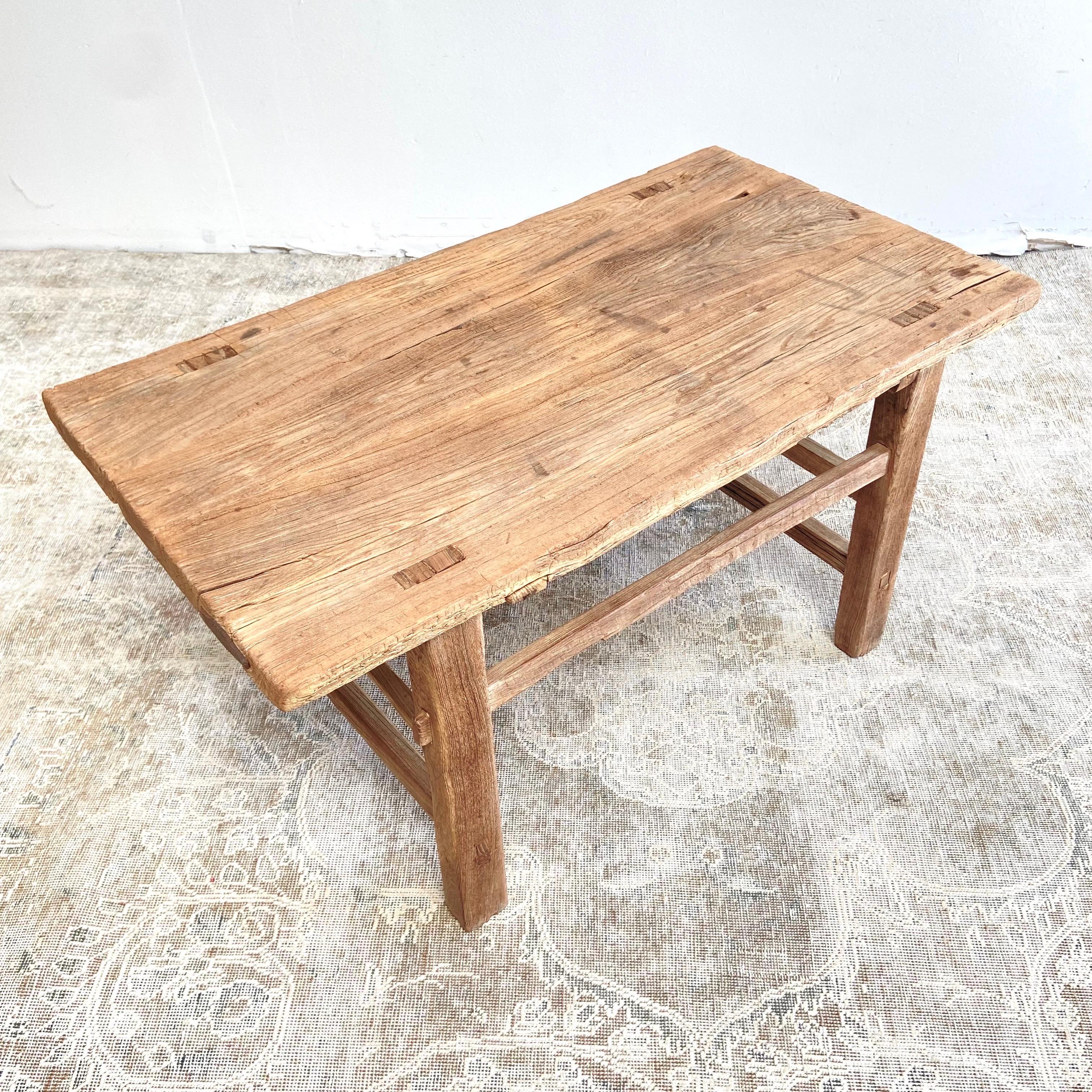 Vintage antique elmwood coffee table with beautiful antique weathered patina top beautiful antique patina, with weathering and age, these are solid and sturdy ready for daily use, use as a coffee table or entry bench. Each piece is truly unique and