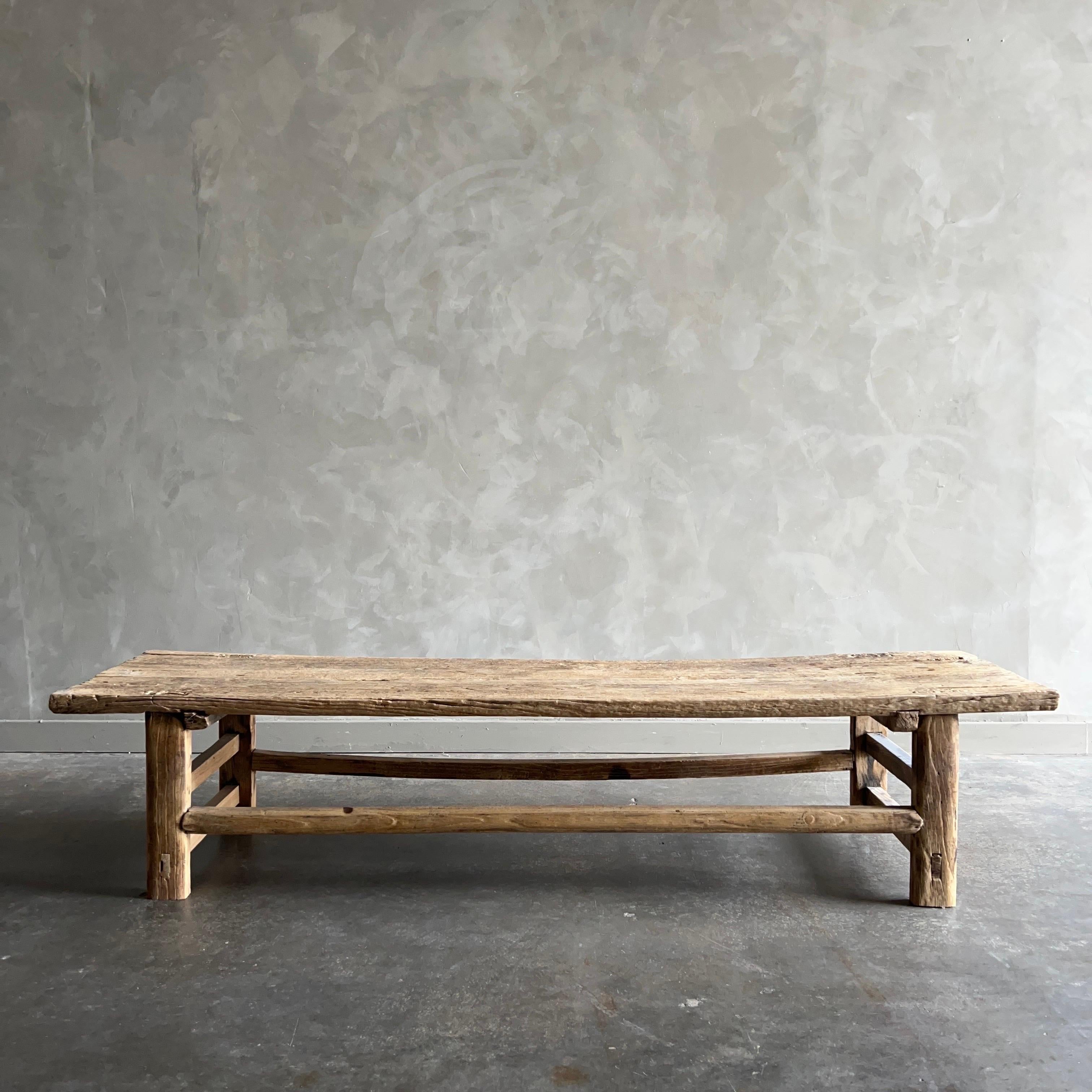 Vintage Elm wood bench or coffee table. Unique thick elm wood top, with natural age and patina. 
These are the real vintage antique elm wood pieces! Beautiful antique patina, with weathering and age, these are solid and sturdy ready for daily use,