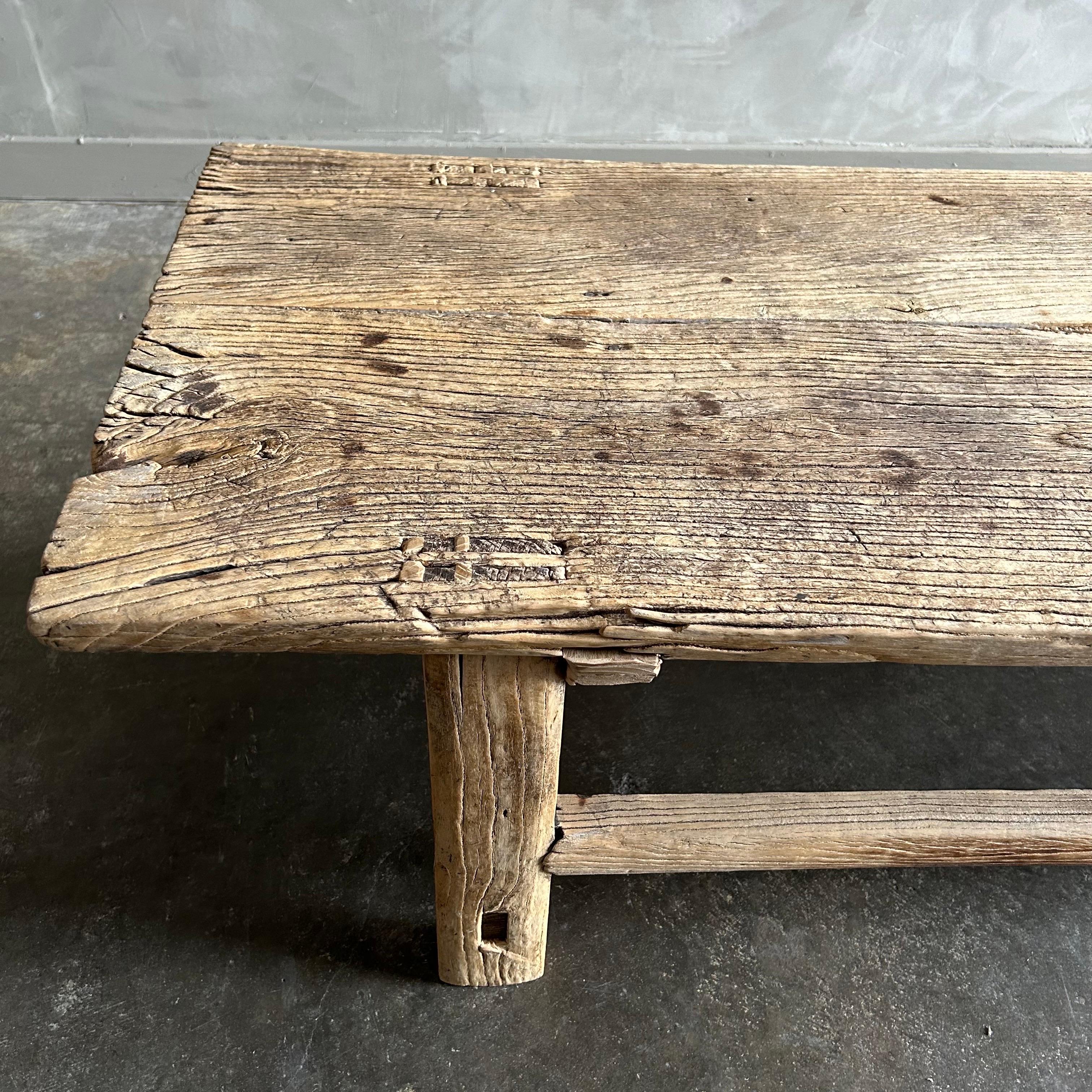 Vintage Elm Wood Coffee Table Wabi Sabi Style For Sale 2