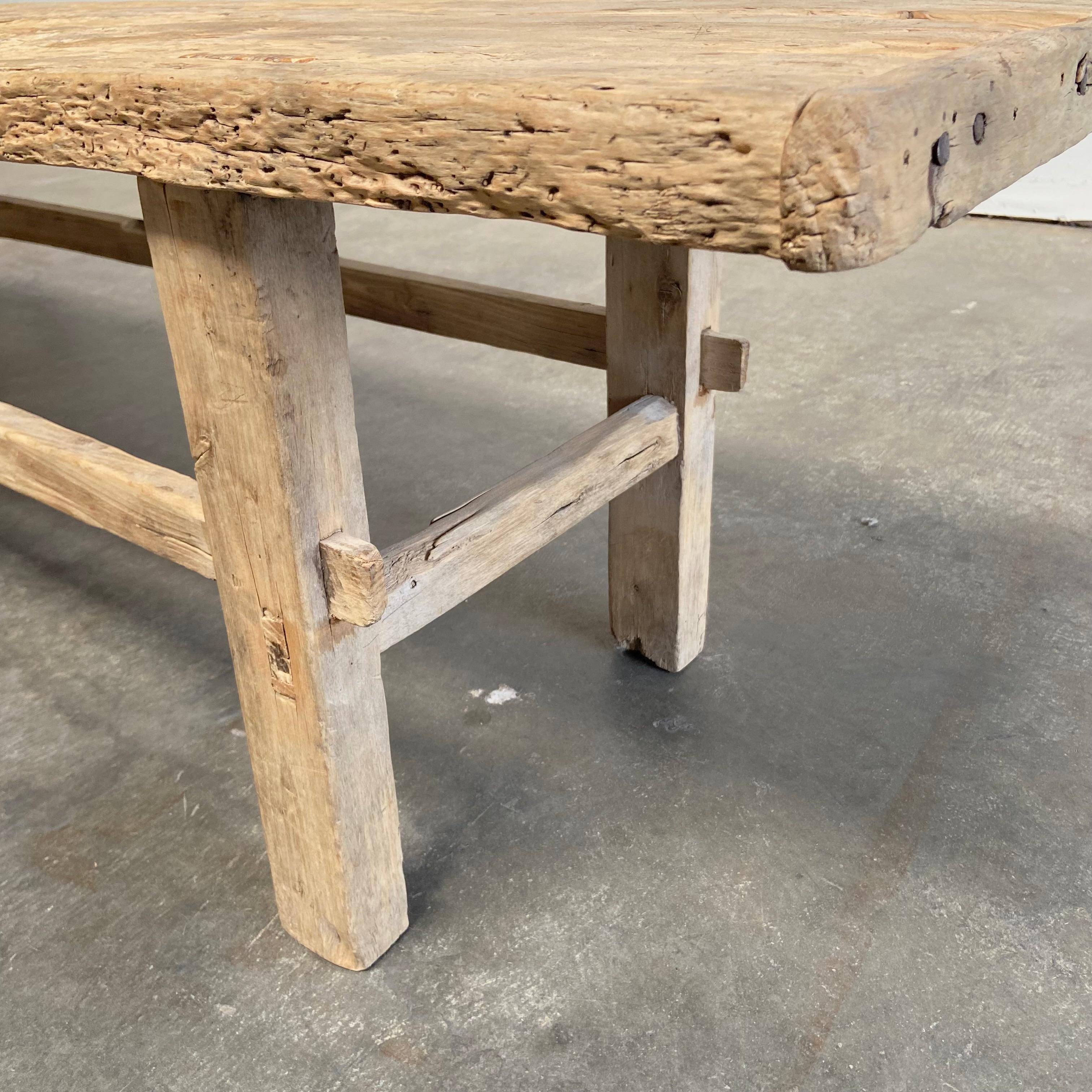 19th Century Vintage Elm Wood Coffee Table Wide Seat Bench