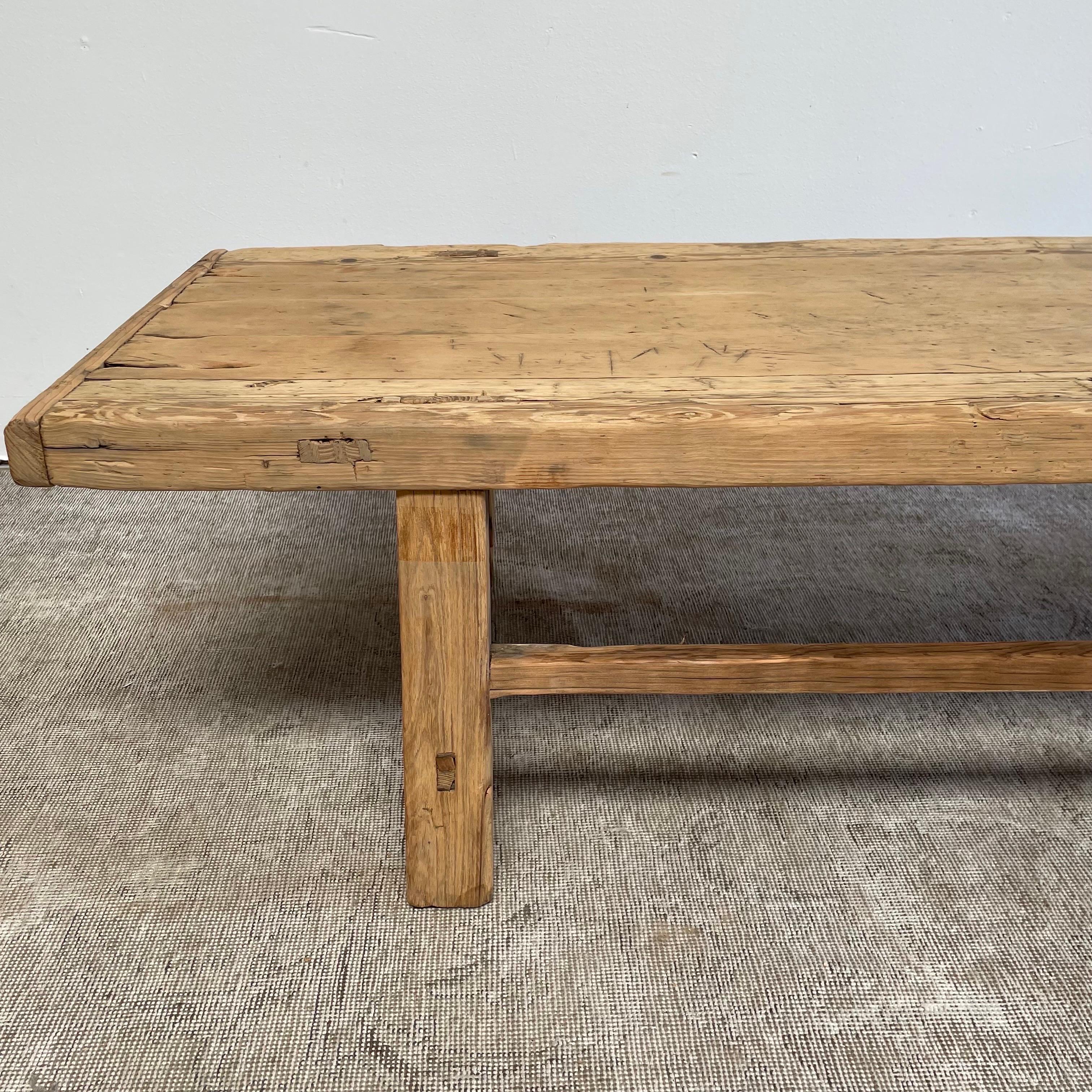 Vintage Elm Wood Coffee Table with Natural Patina In Good Condition In Brea, CA