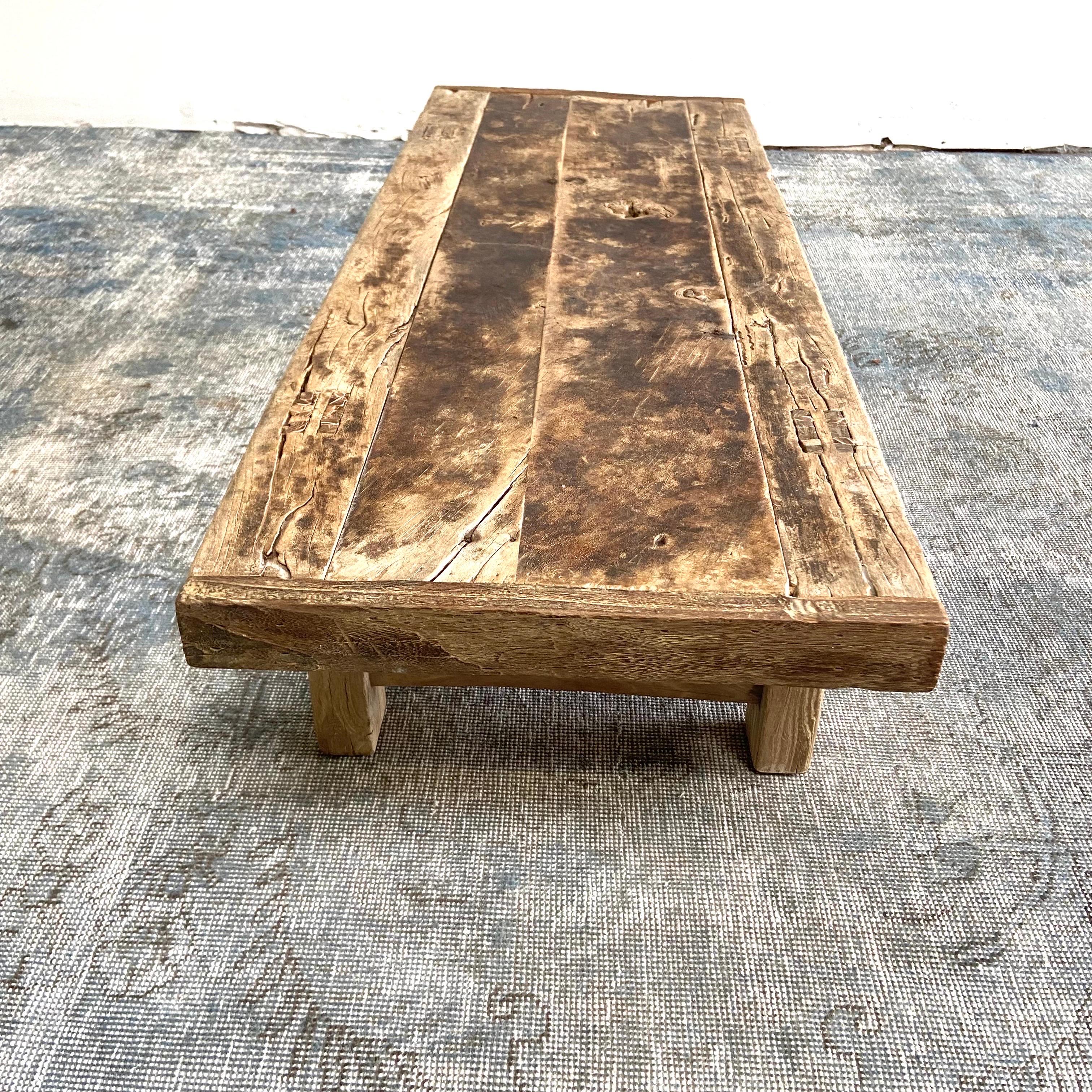 Vintage Elm Wood Coffee Table with Natural Patina 1