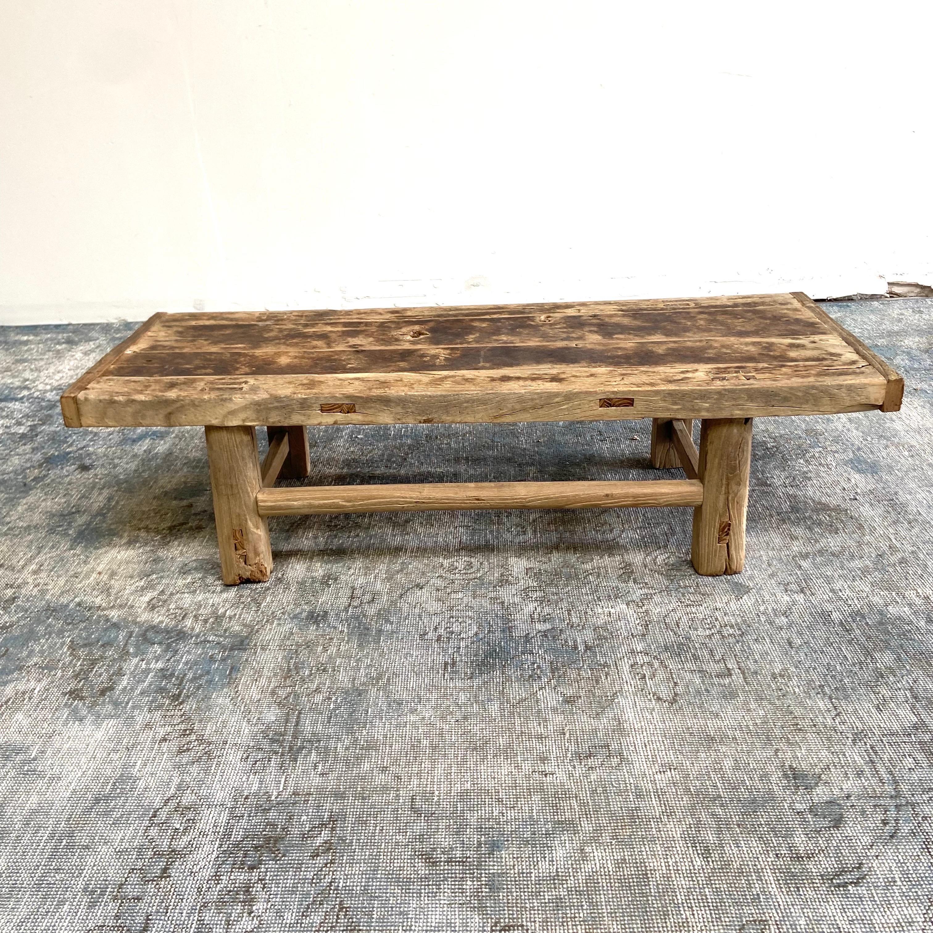 Vintage Elm Wood Coffee Table with Natural Patina 2
