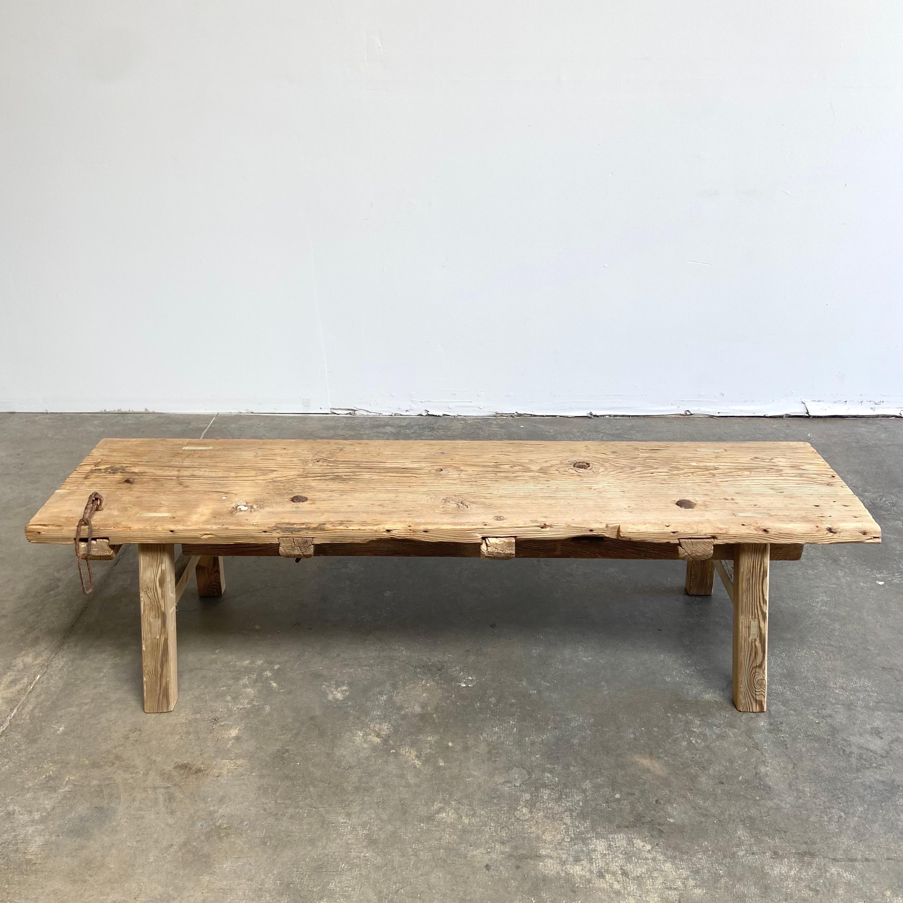 Vintage antique elm and cypress wood coffee table with beautiful antique weathered patina top Beautiful antique patina, with weathering and age, these are solid and sturdy ready for daily use, use as a coffee table or entry bench. Each piece is