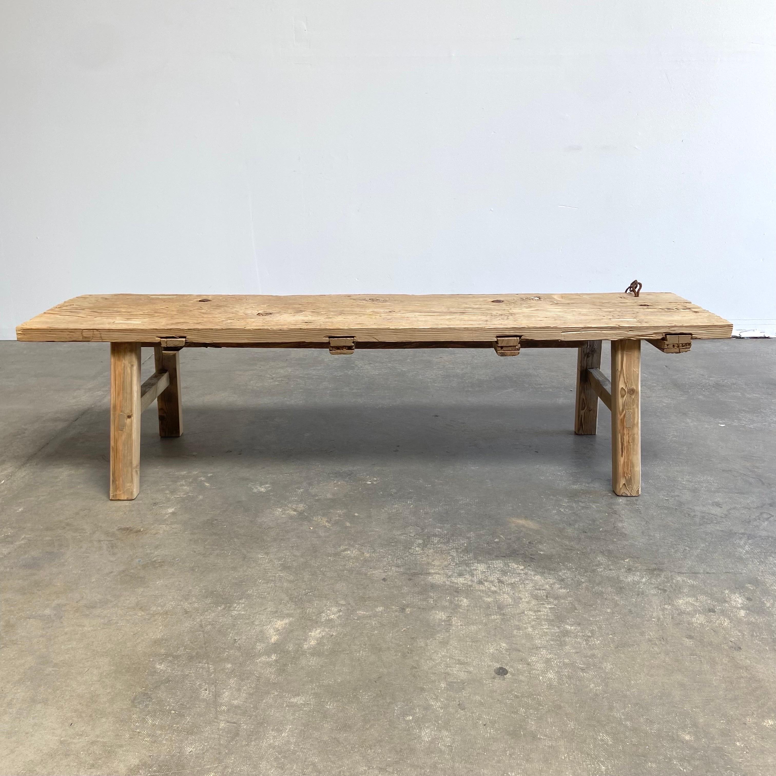 Vintage Elm Wood Coffee Table with Original Chain Detail 1